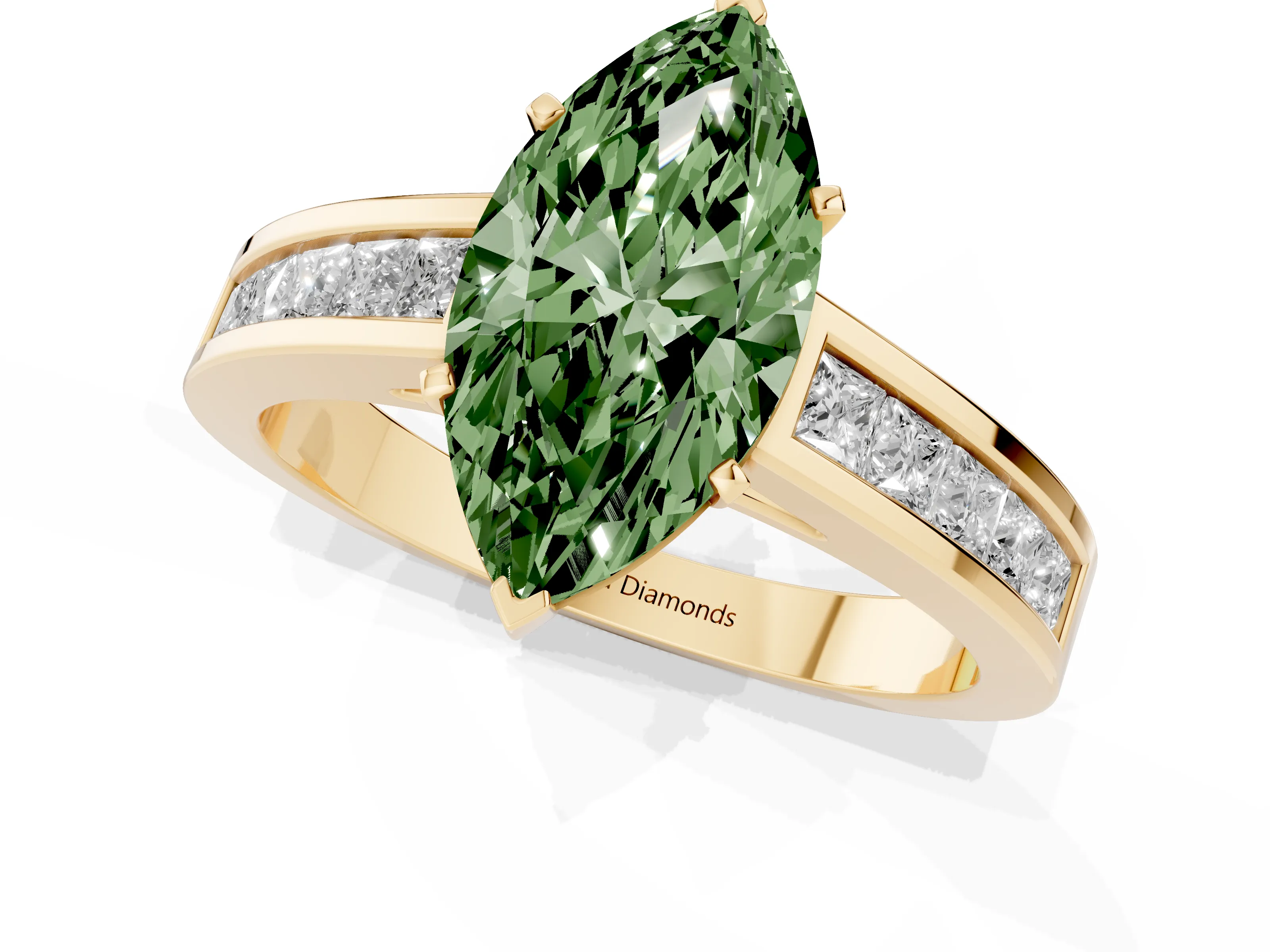 Fancy Green Marquise Cut Diamond Solitaire Ring Set in Yellow gold with Channel-Set Band and Prong Setting