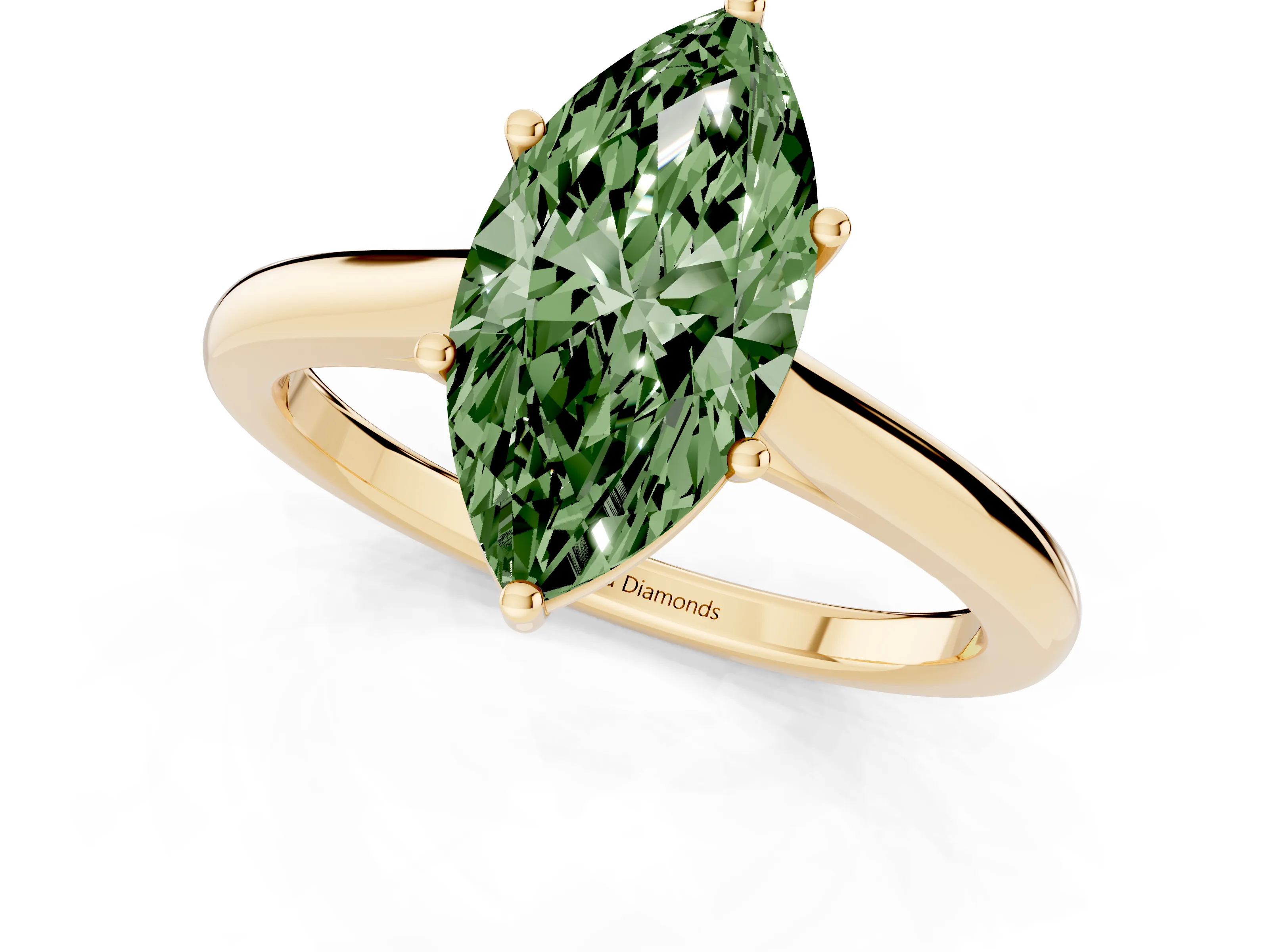 Fancy Green Marquise Cut Diamond Solitaire Ring Set in Yellow gold with Cathedral Band and Prong Setting