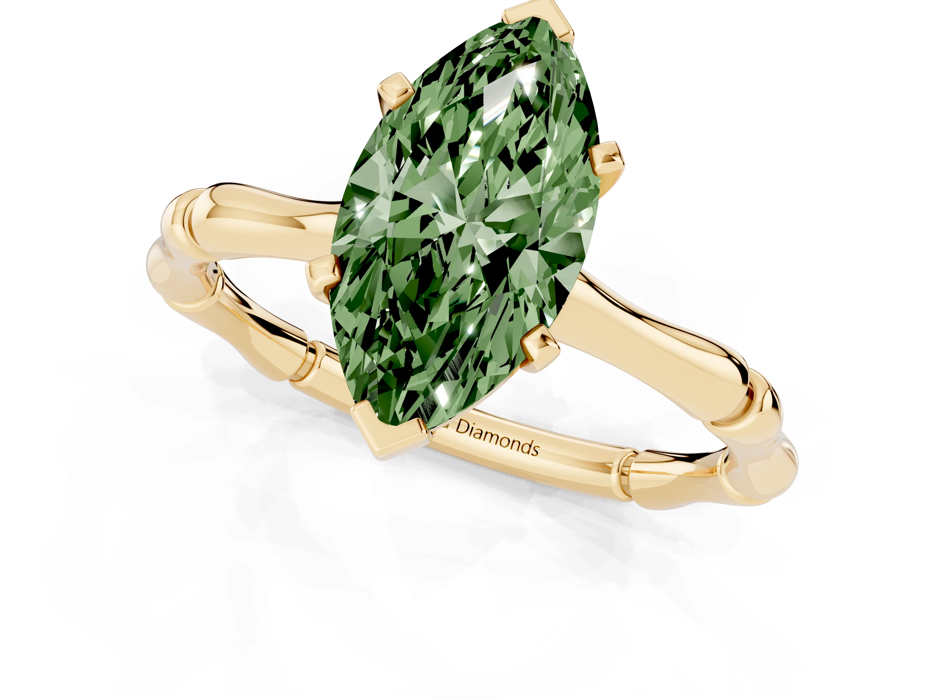 Fancy Green Marquise Cut Diamond Solitaire Ring Set in Yellow gold with Bamboo Band and Prong Setting