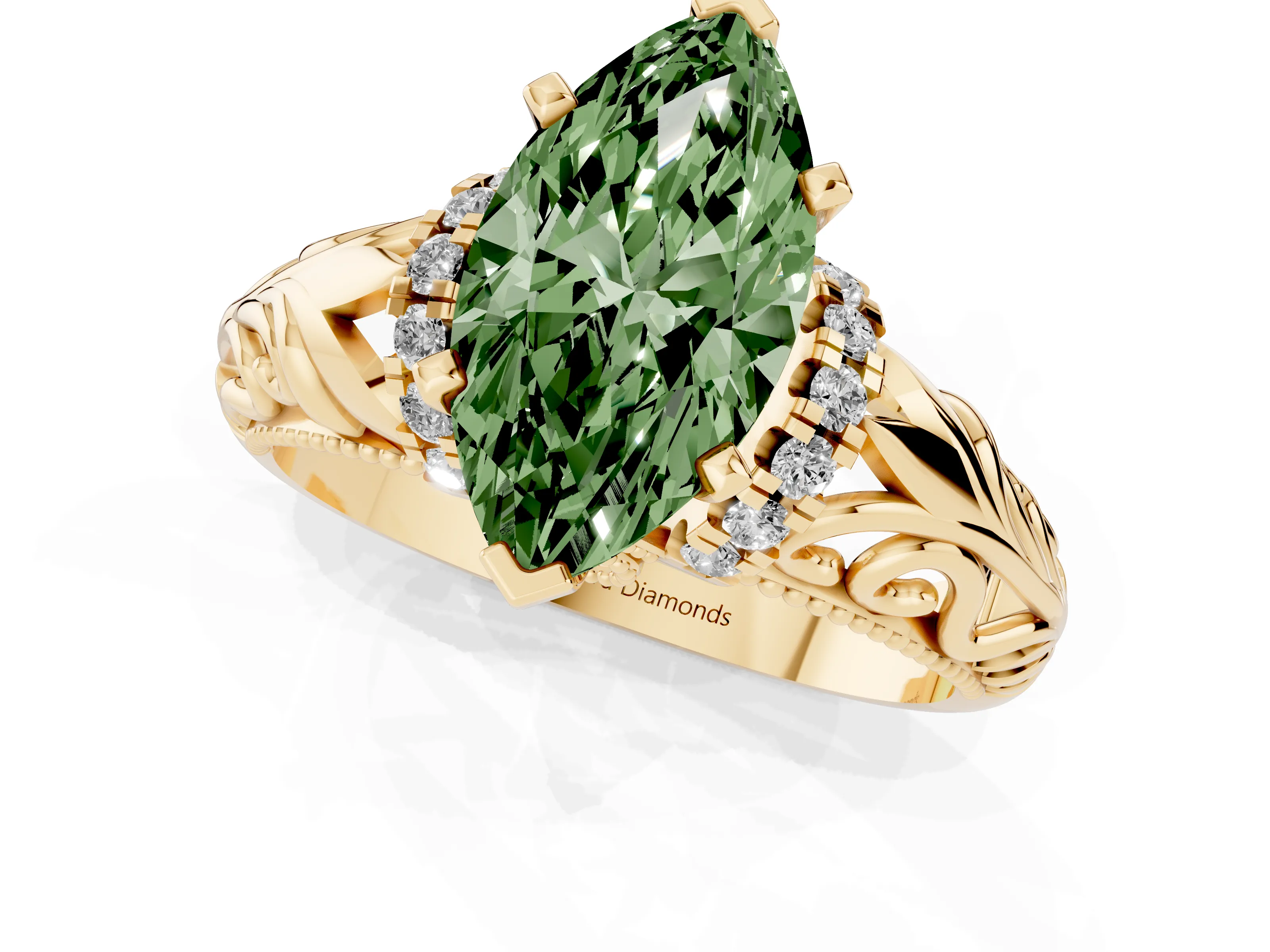 Fancy Green Marquise Cut Diamond Filigree Halo Engagement Ring Set in Yellow gold with Prong Setting