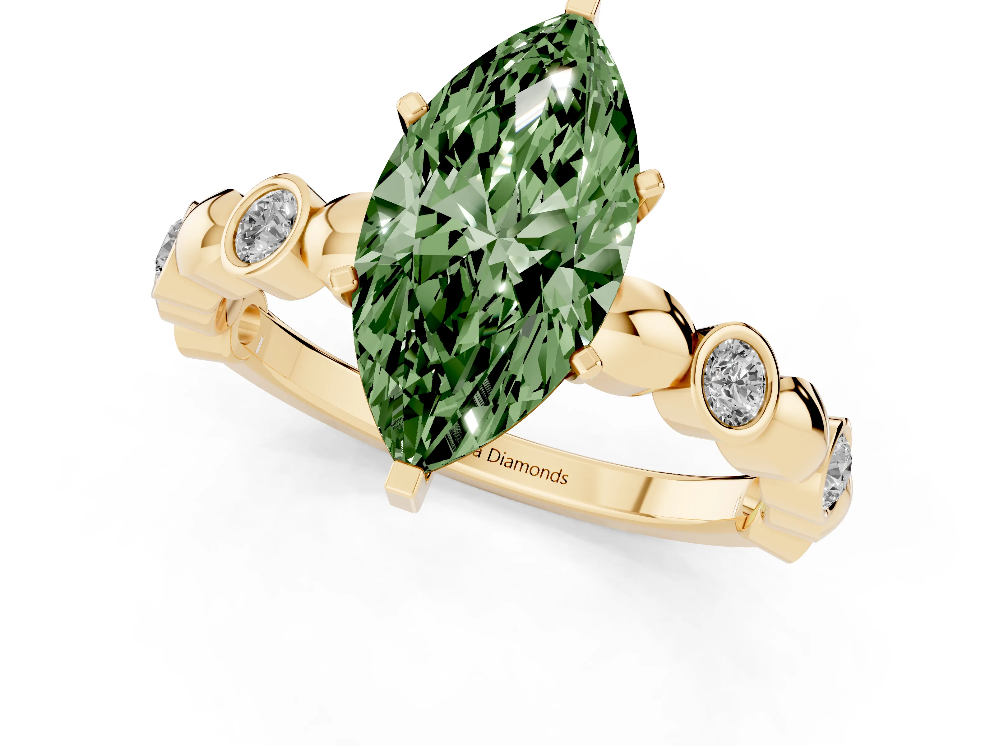 Fancy Green Marquise Cut Diamond Solitaire Ring Set in Yellow gold with Bezel-Set Accents on Beaded Band and Prong Setting