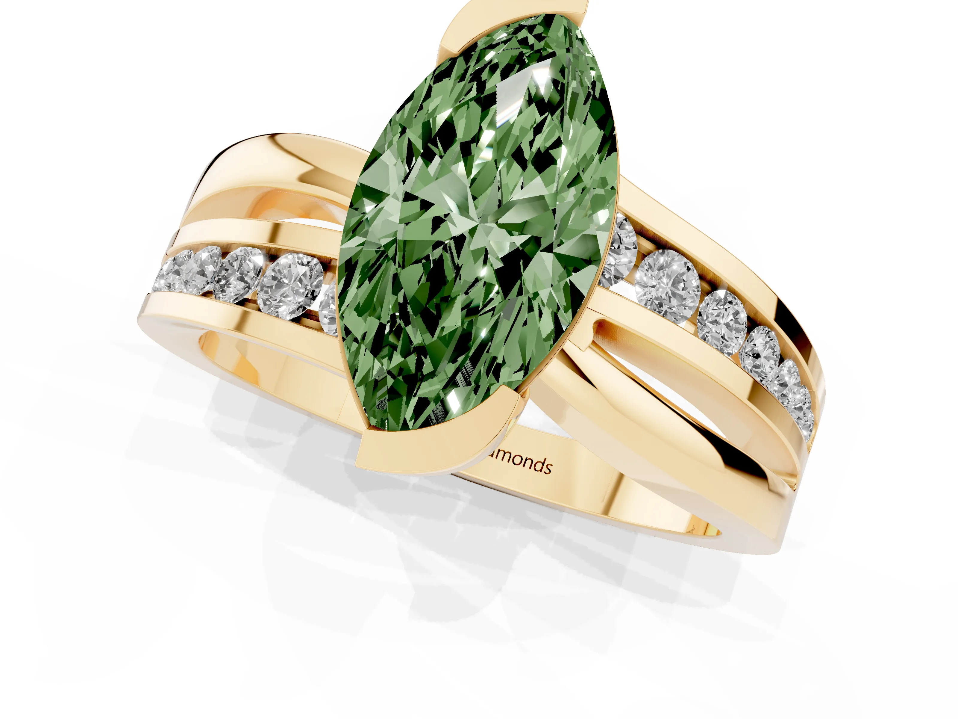 Fancy Green Marquise Cut Diamond Solitaire Ring Set in Yellow gold with Channel Set Split Shank and Tension Prongs