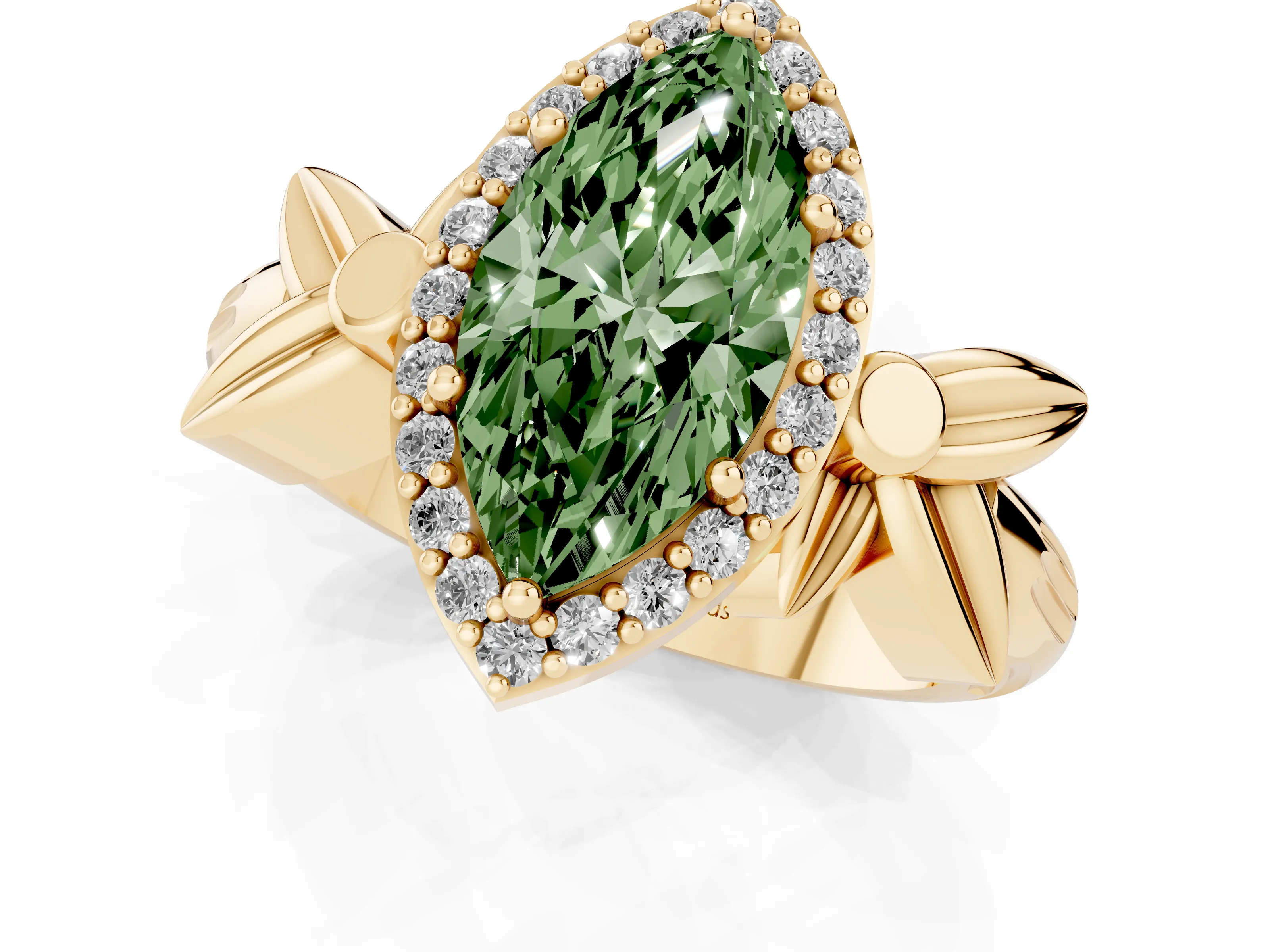 Fancy Green Marquise Cut Diamond Halo Floral Band Ring Set in Yellow gold with Prong Setting
