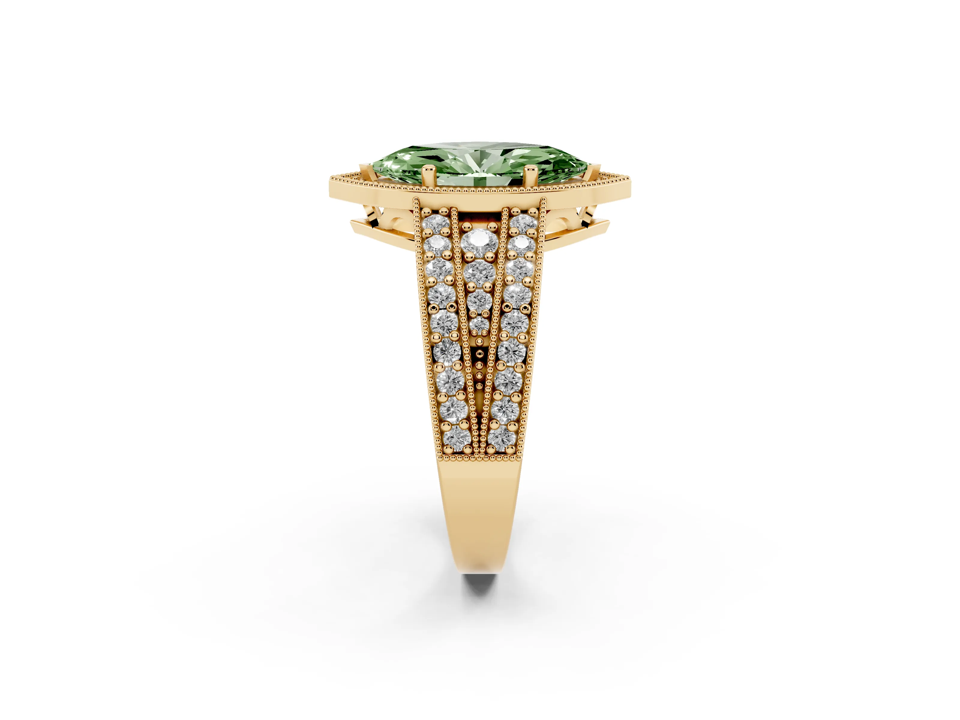 Fancy Green Marquise Cut Diamond Halo Ring Set in Yellow gold with Accent Split Shank and Prong Setting