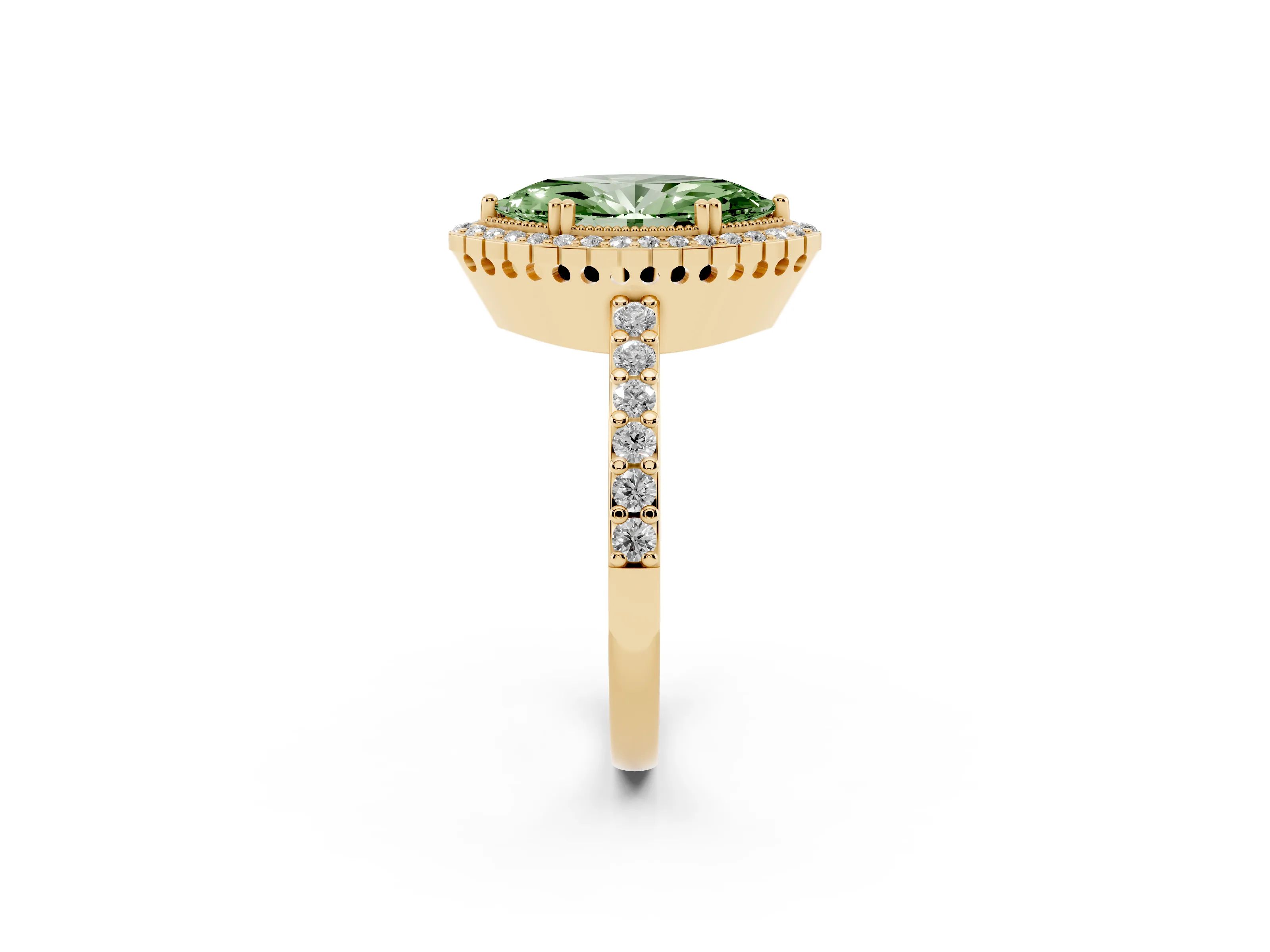 Fancy Green Marquise Cut Diamond Halo Engagement Ring Set in Yellow gold with Milgrain Detail and Pavé Band