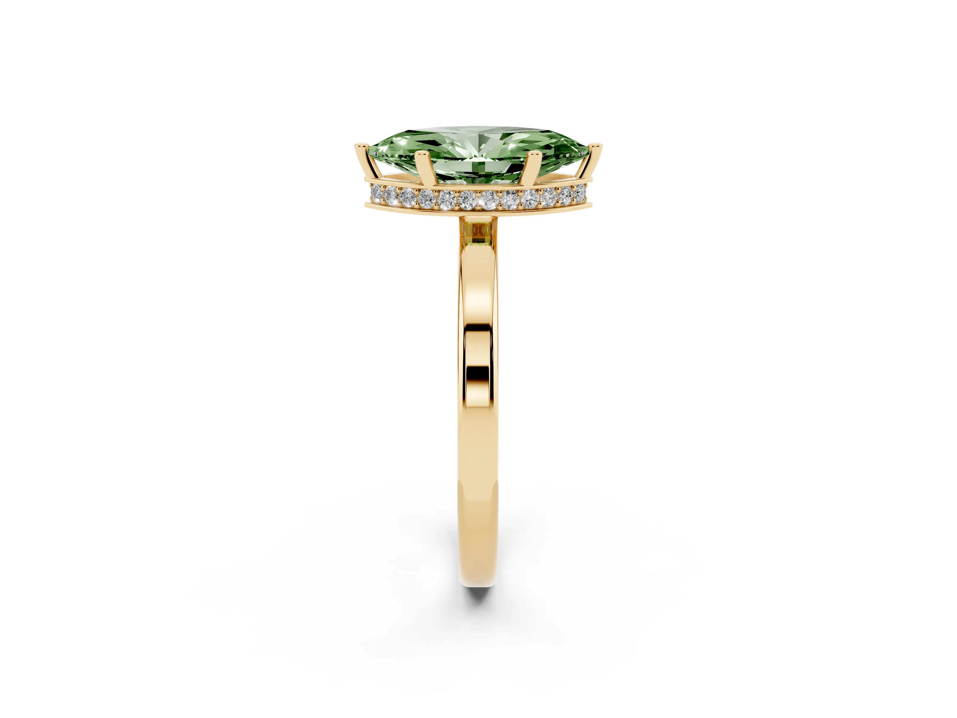 Fancy Green Marquise Cut Diamond Solitaire Engagement Ring Set in Yellow gold with Prong Setting on a Plain Band