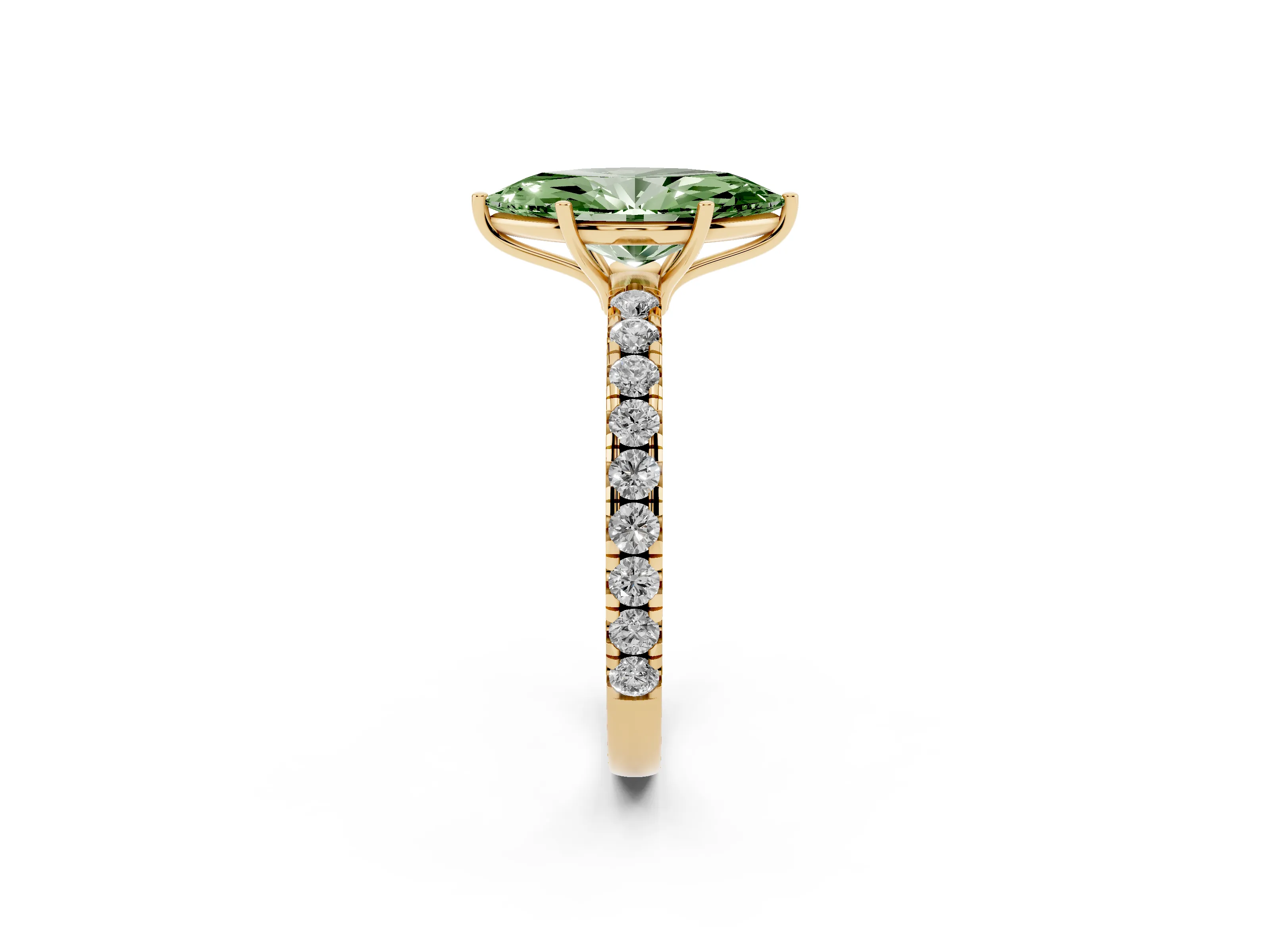 Fancy Green Marquise Cut Diamond Pavé Solitaire Engagement Ring Set in Yellow gold with Prong Setting