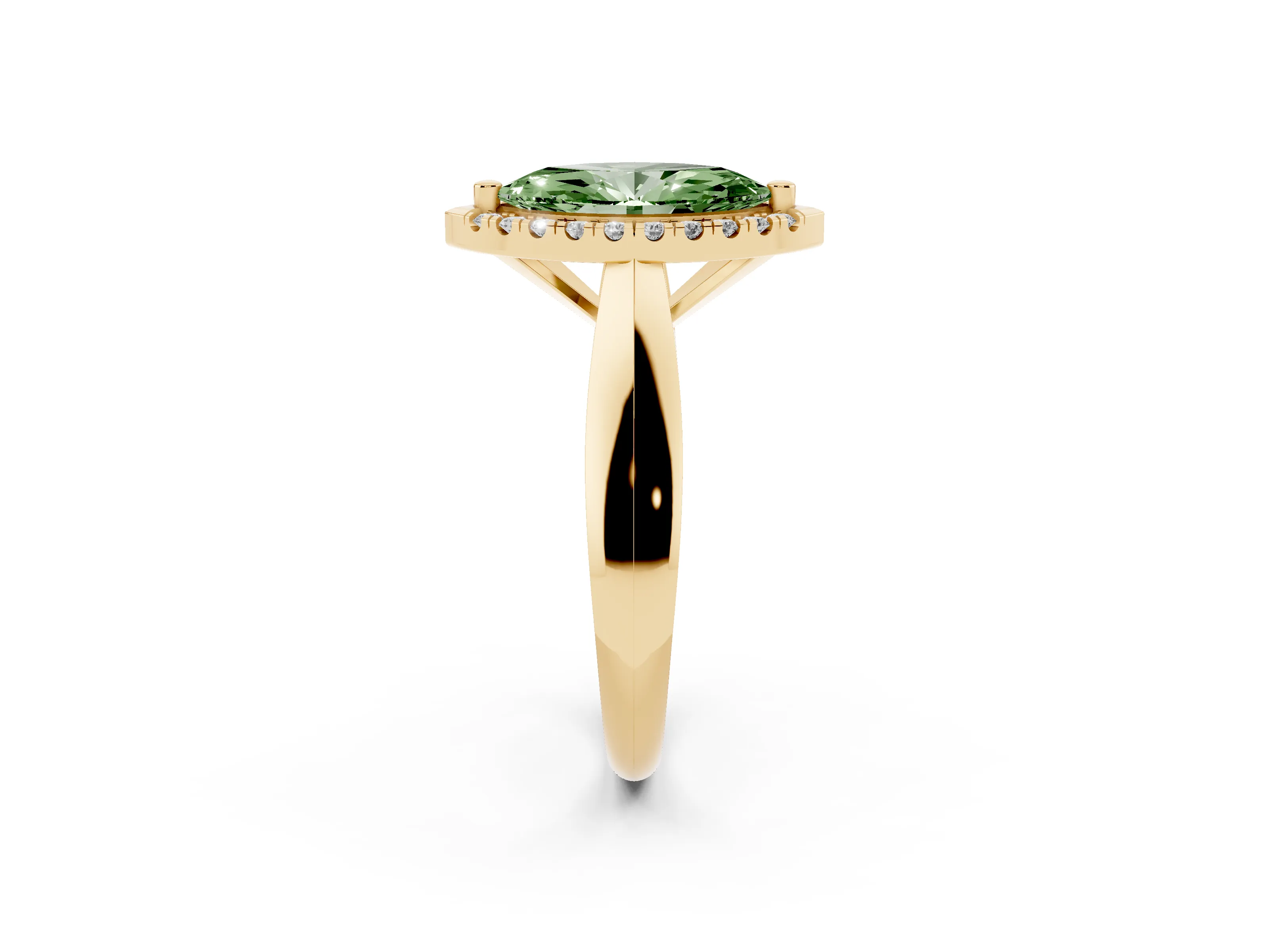 Fancy Green Marquise Cut Diamond Halo Solitaire Engagement Ring Set in Yellow gold with Square Band and Prong Setting