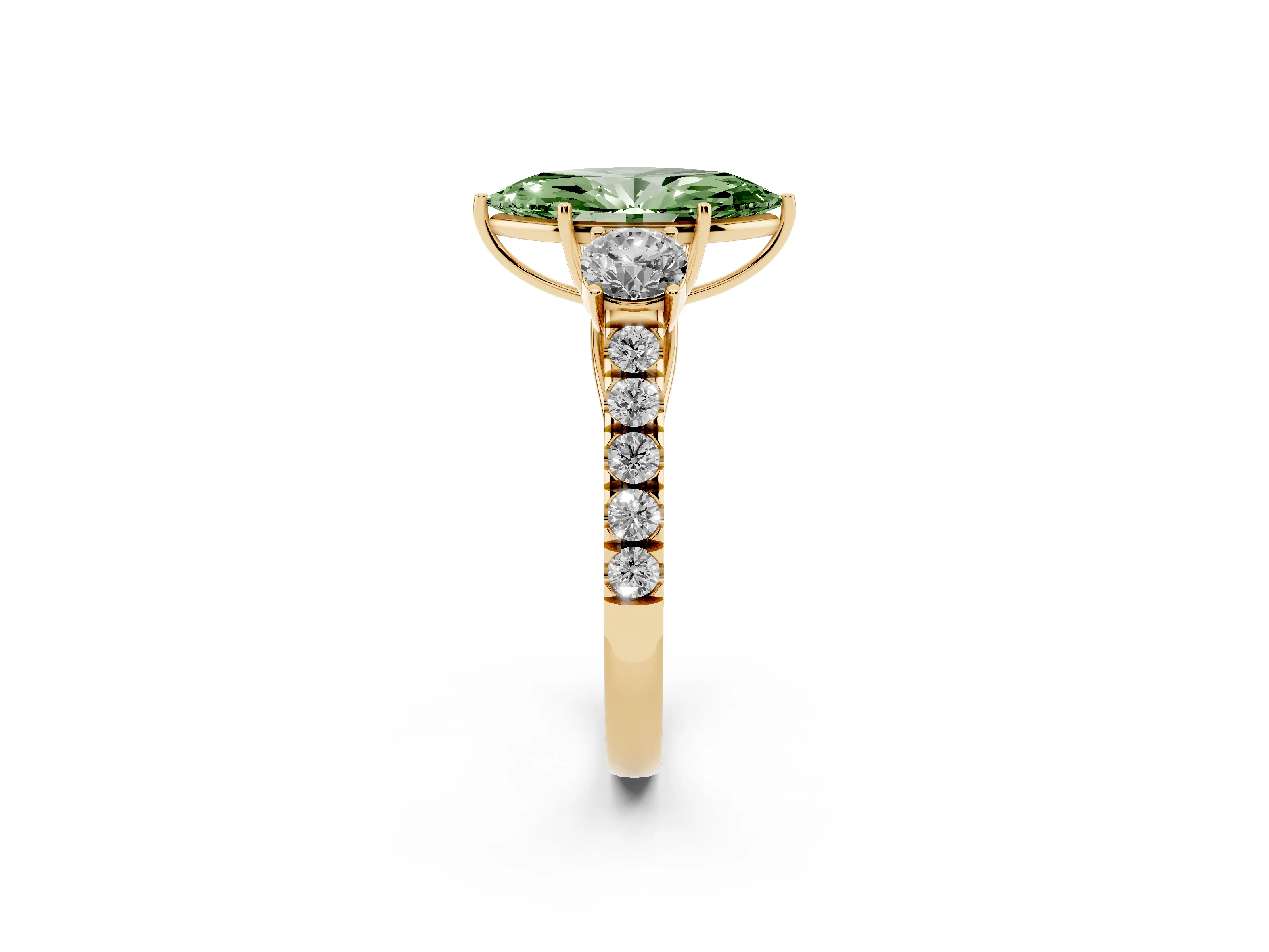 Fancy Green Marquise Cut Diamond Three-Stone Ring Set in Yellow gold with Round Side Stones and Delicate Pavé Band