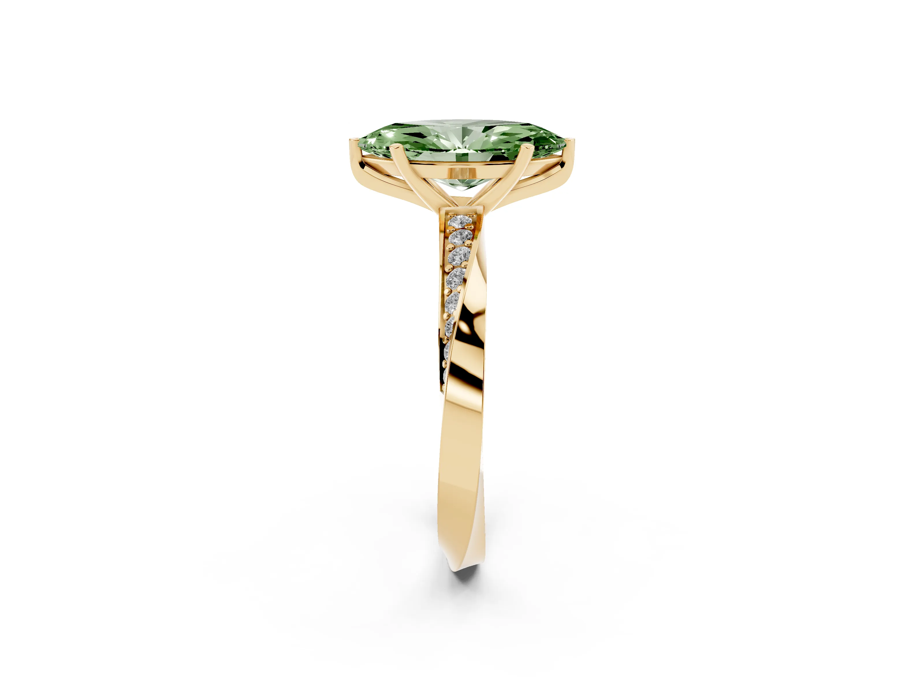 Fancy Green Marquise Cut Diamond Engagement Ring Set in Yellow gold with Side Stone Accents and Prong Setting