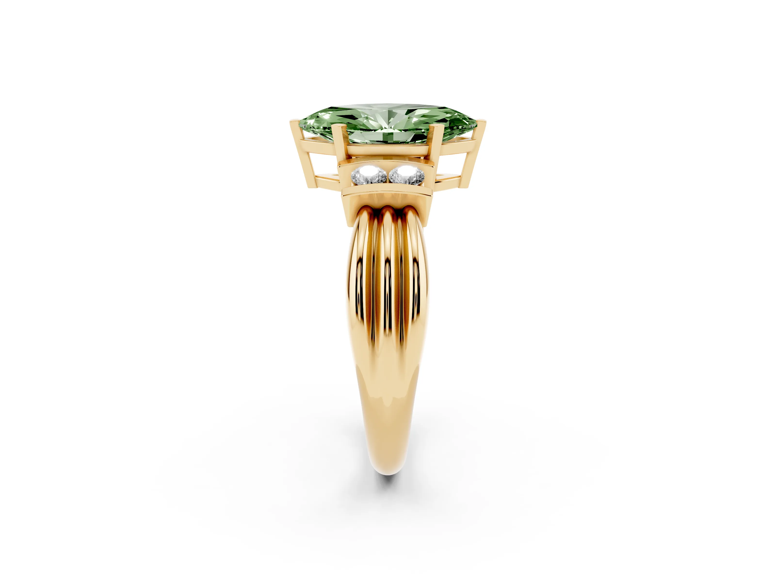 Fancy Green Three-Stone Marquise Cut Diamond Channel Set Ring Set in Yellow gold with Bar Prongs