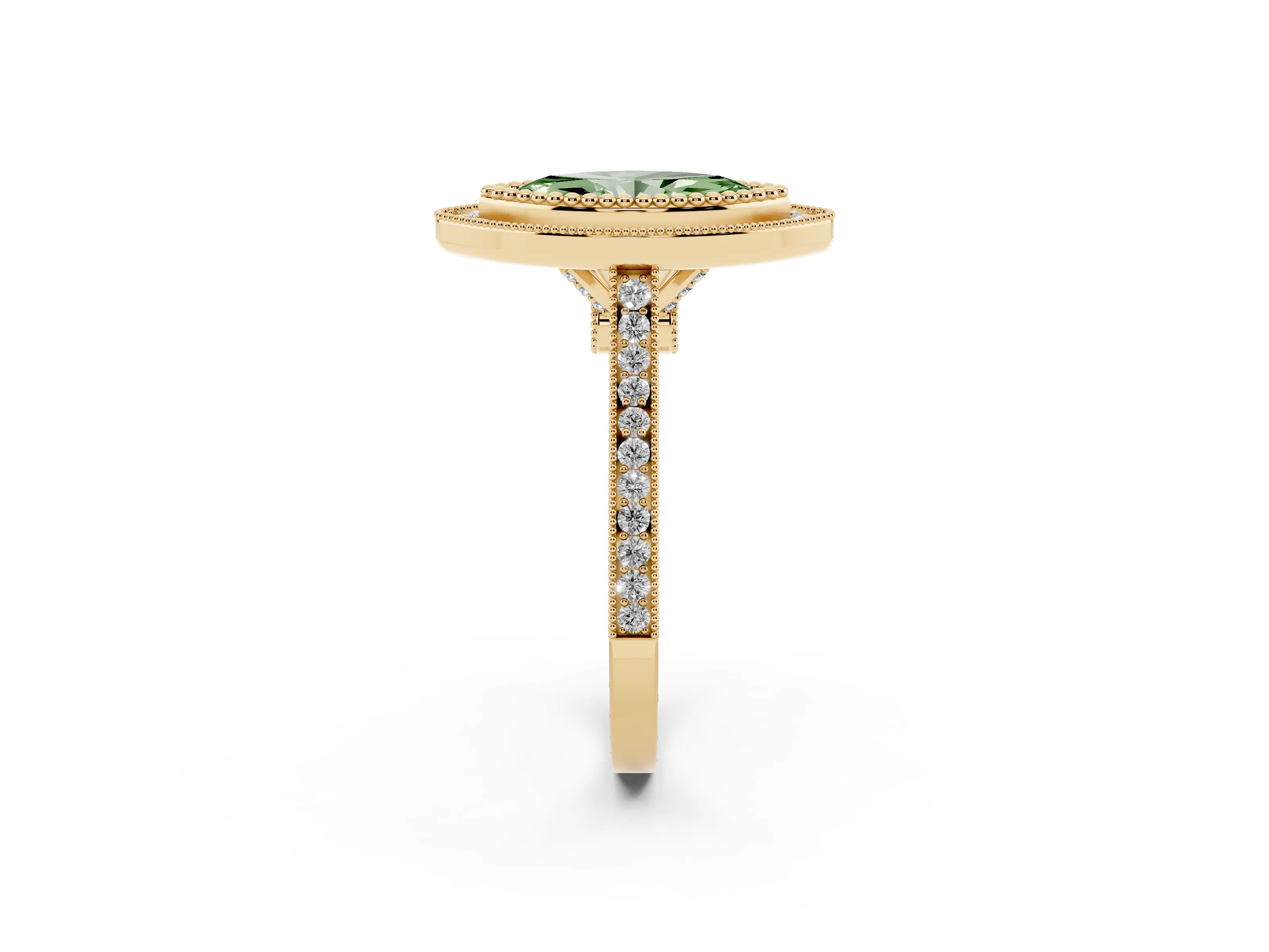 Fancy Green Marquise Cut Diamond Halo Ring Set in Yellow gold with Milgrain Frame and Pavé Band