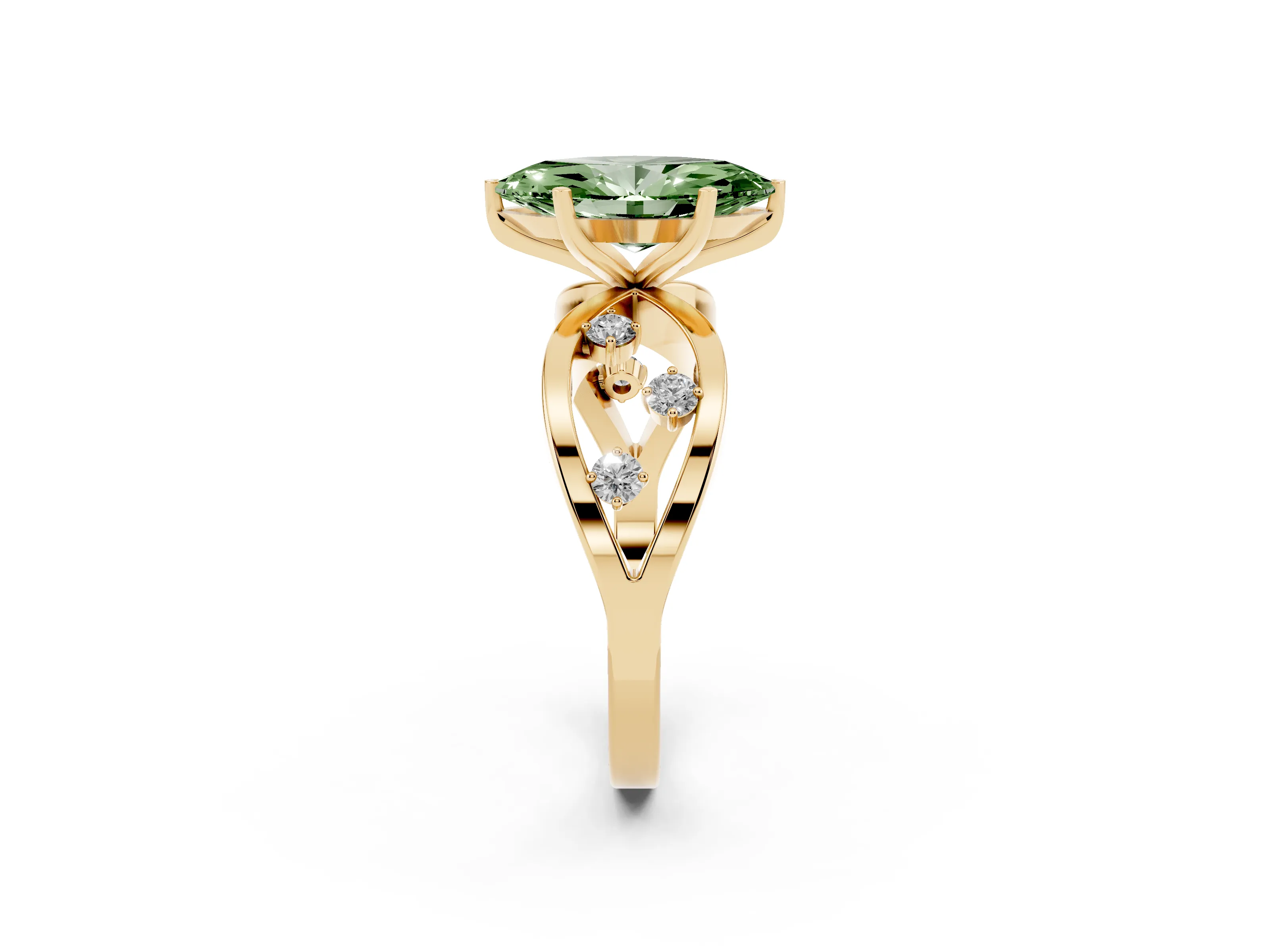 Fancy Green Marquise Cut Diamond Solitaire Ring Set in Yellow gold with Side Stones on Criss-Cross Band and Prong Setting