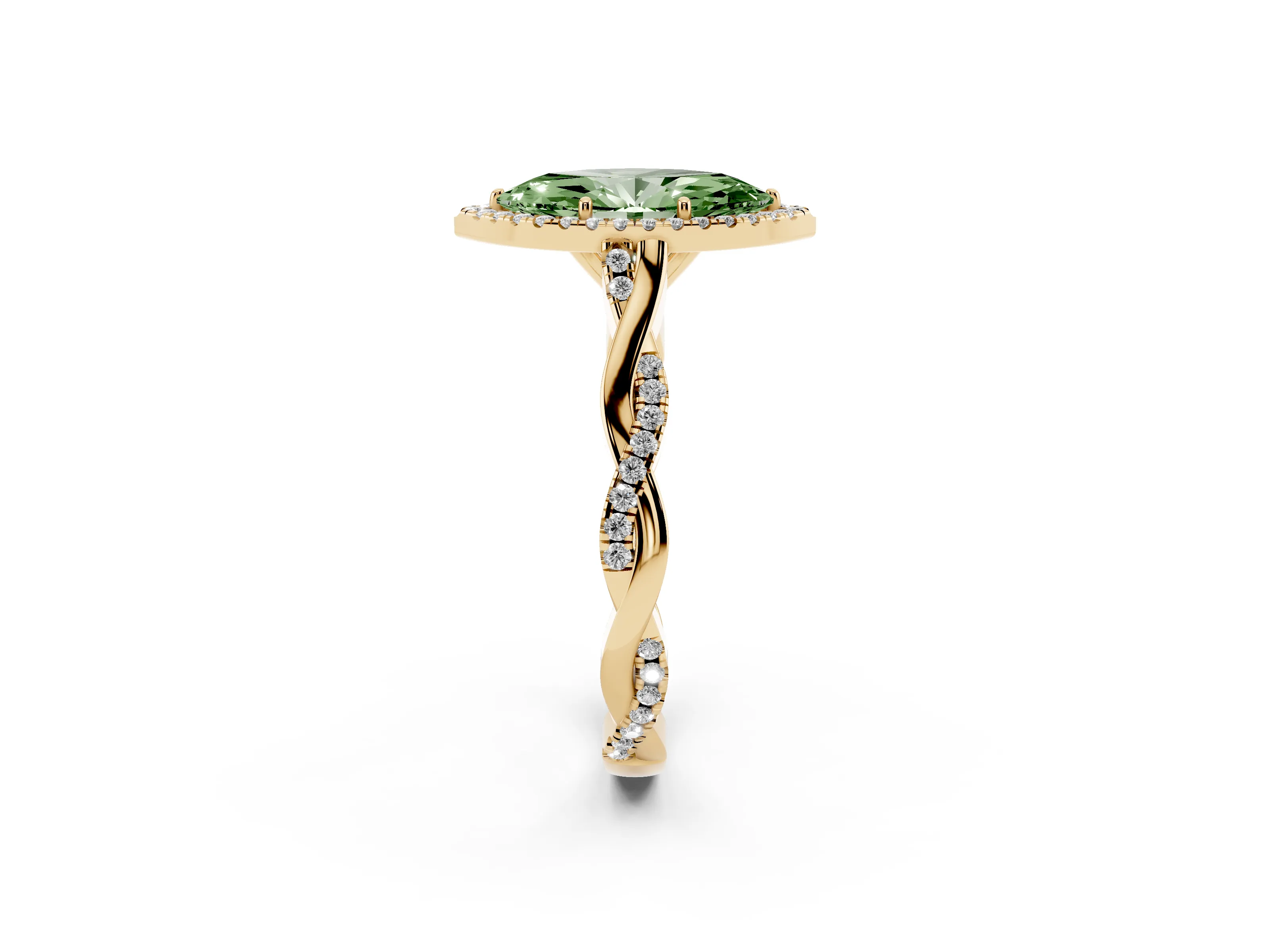 Fancy Green Marquise Cut Diamond Halo Twist Band Solitaire Ring Set in Yellow gold with Prong Setting