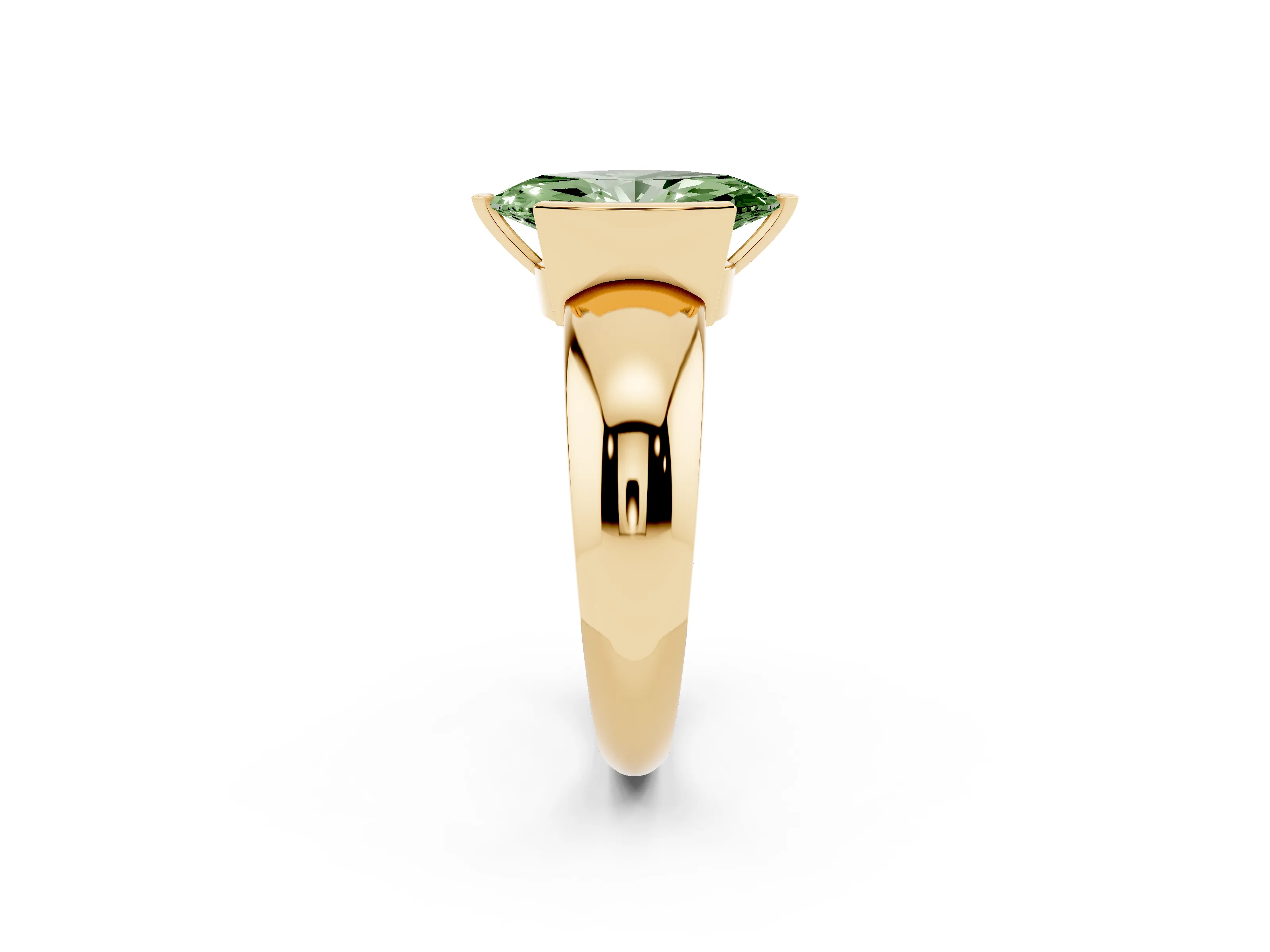 Fancy Green Marquise Cut Diamond Solitaire Tension Set Ring Set in Yellow gold with Wide Band