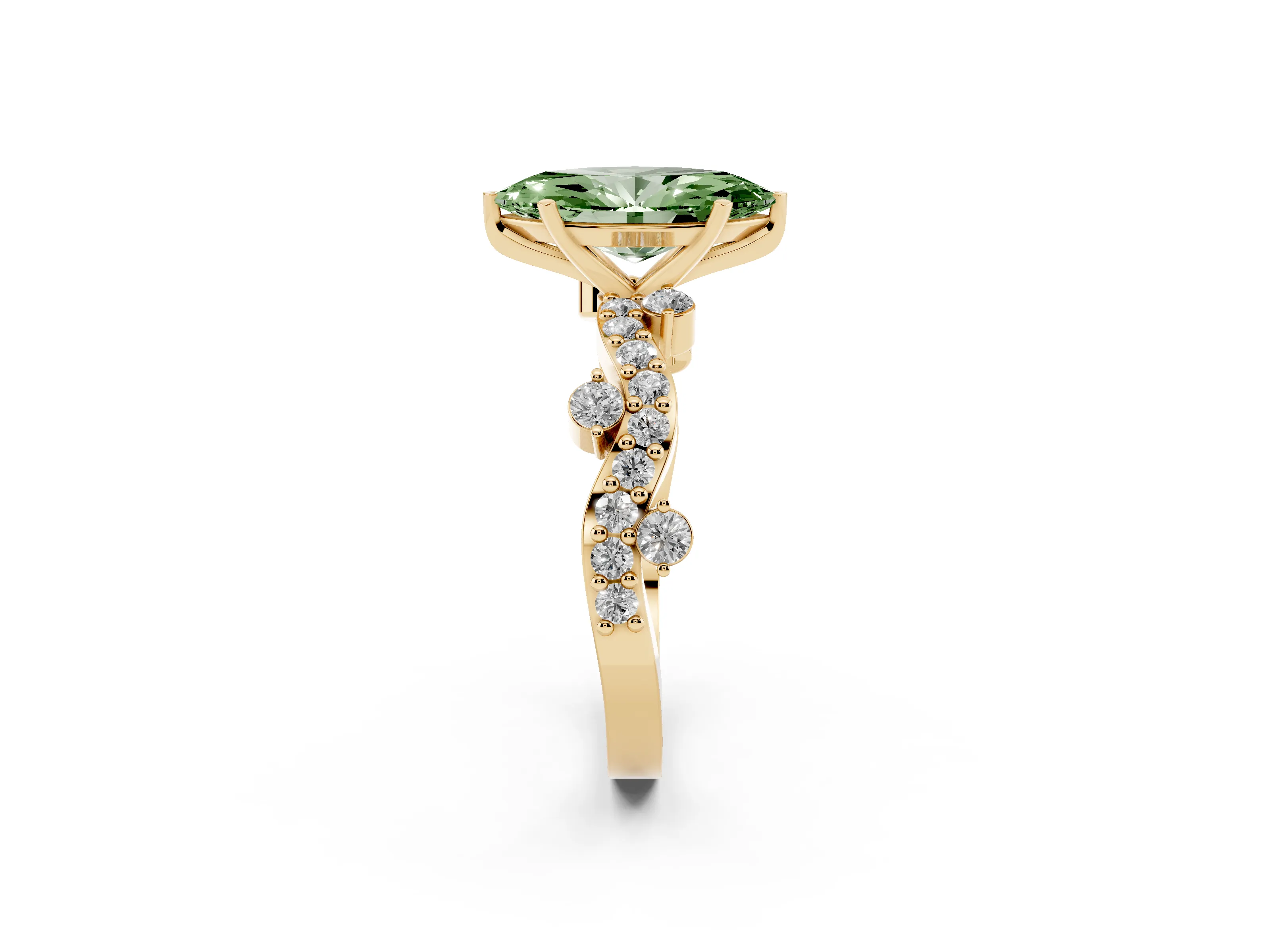 Fancy Green Marquise Cut Diamond Solitaire Twisted Band Set in Yellow gold with Pavé Setting