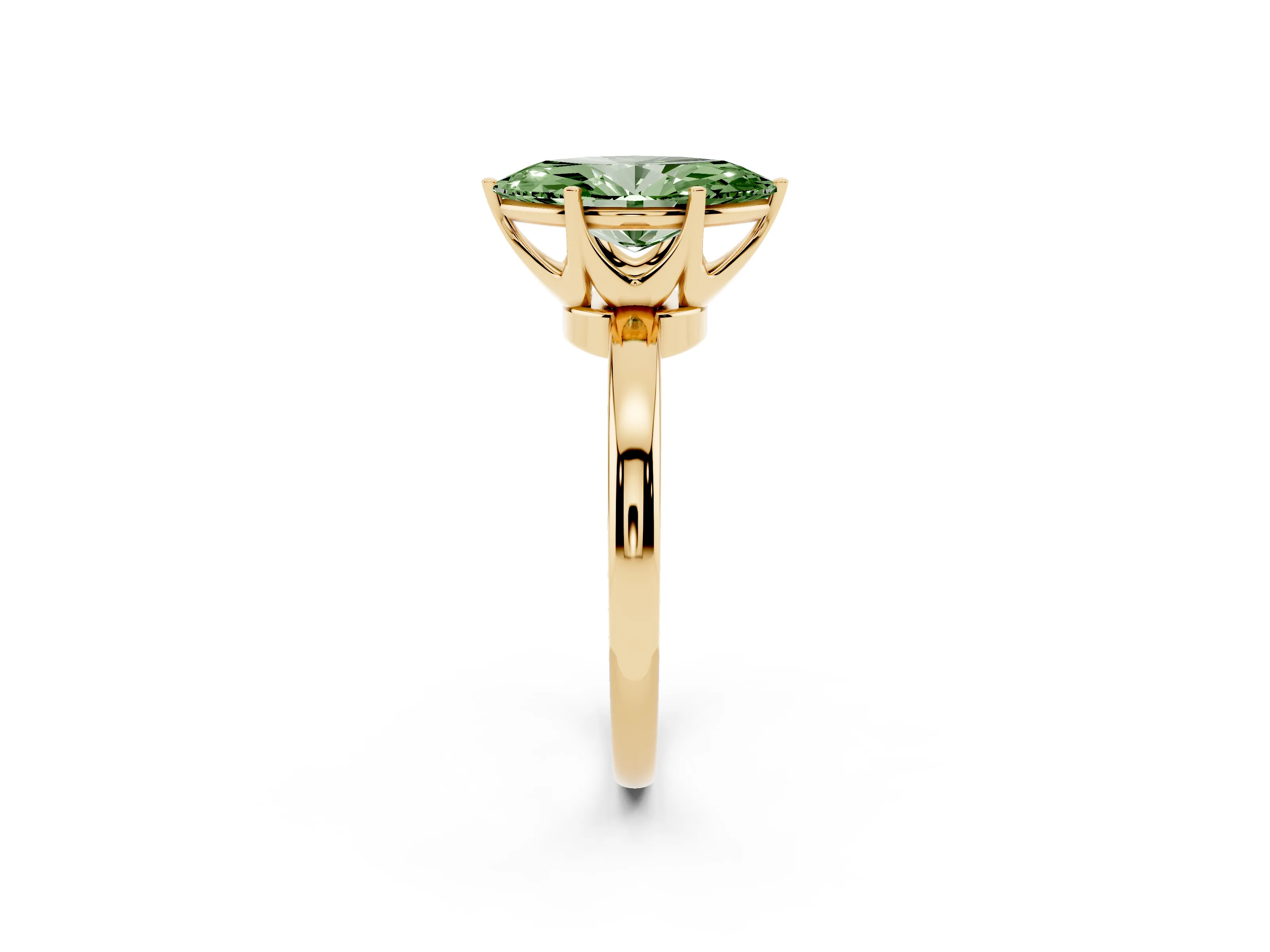 Fancy Green Marquise Cut Diamond Solitaire Ring Set in Yellow gold with Raised Prong Setting on a Classic Band
