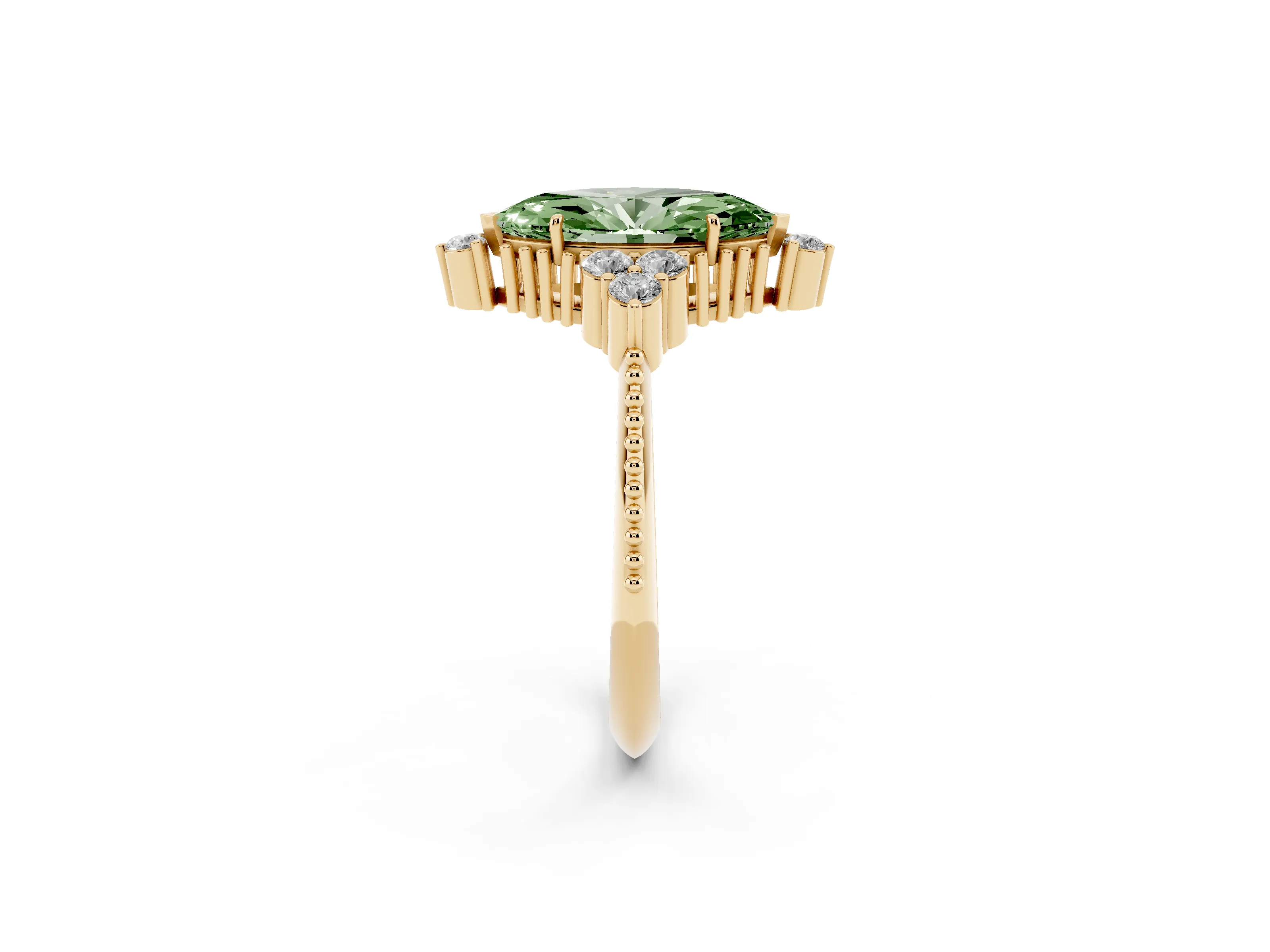 Fancy Green Marquise Cut Diamond Cluster Ring Set in Yellow gold with Beaded Band