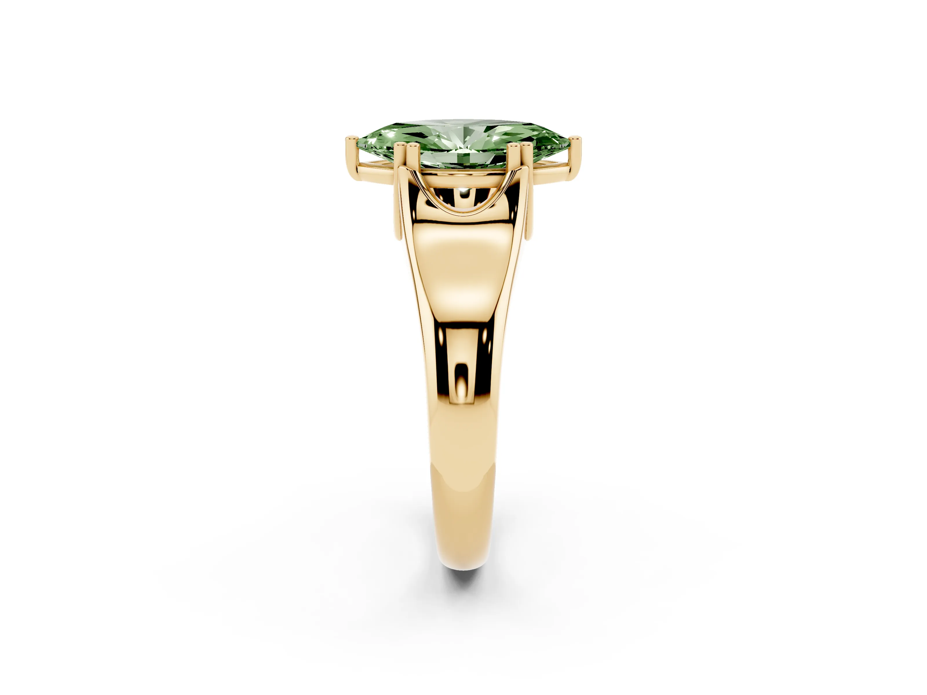 Fancy Green Marquise Cut Diamond Solitaire Ring Set in Yellow gold with Wide Band and Prong Setting