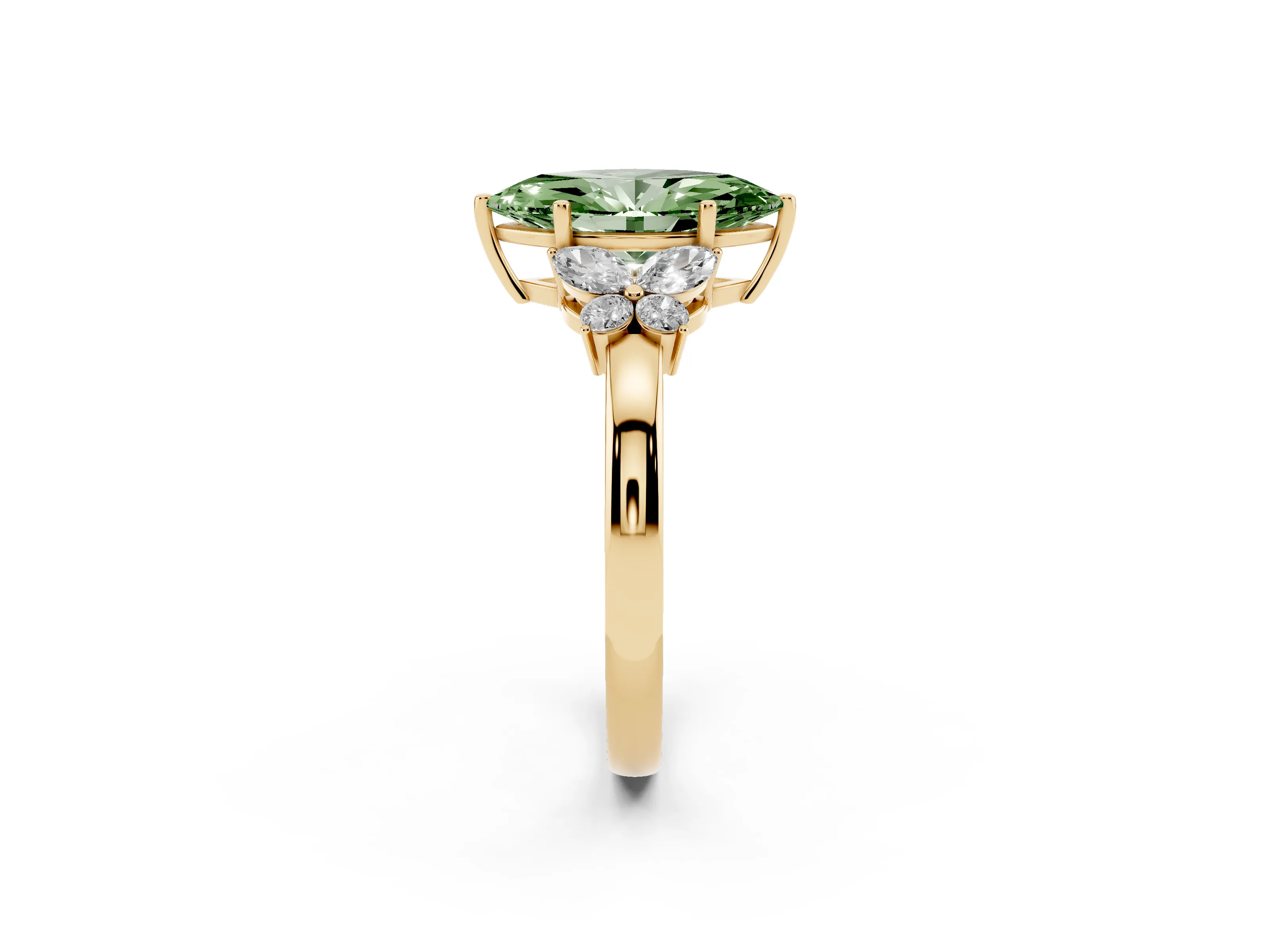 Fancy Green Marquise Cut Diamond Solitaire Floral Ring Set in Yellow gold with Marquise Petals and Prong Setting