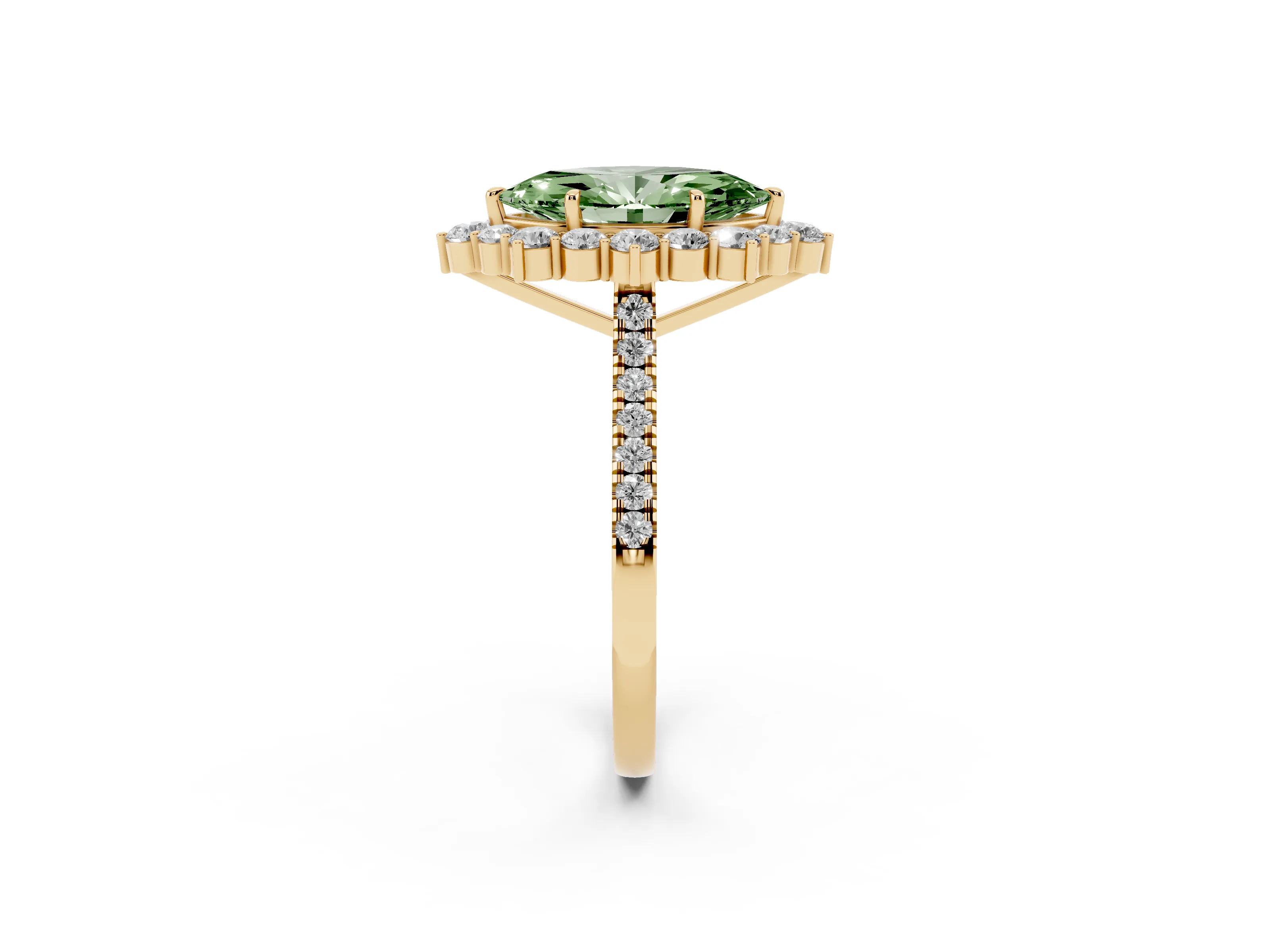 Fancy Green Marquise Cut Diamond Halo Ring Set in Yellow gold with Pavé Band and Prong Setting