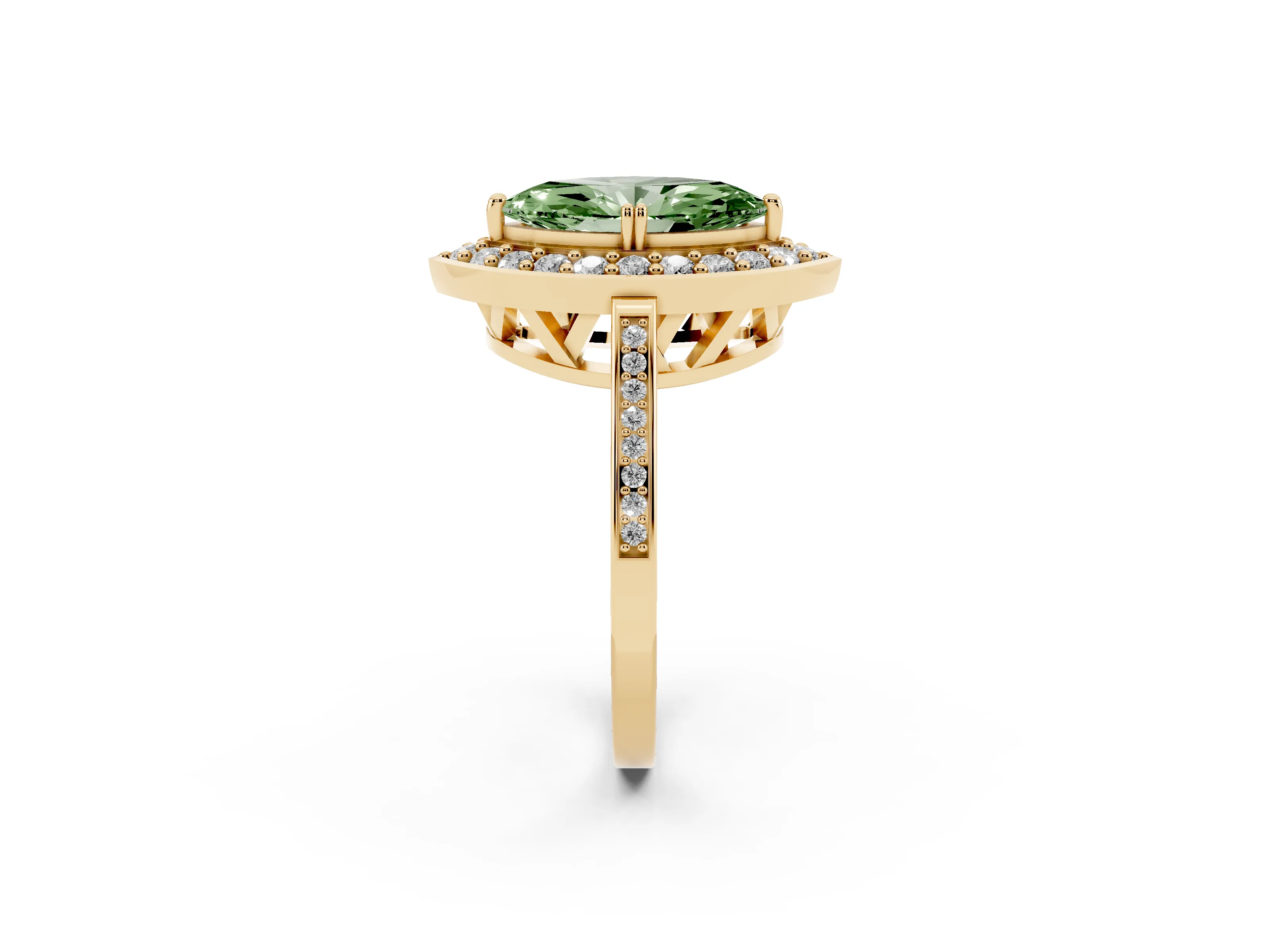 Fancy Green Marquise Cut Diamond Halo Ring Set in Yellow gold with Accent-Lined Split Shank and Prong Setting