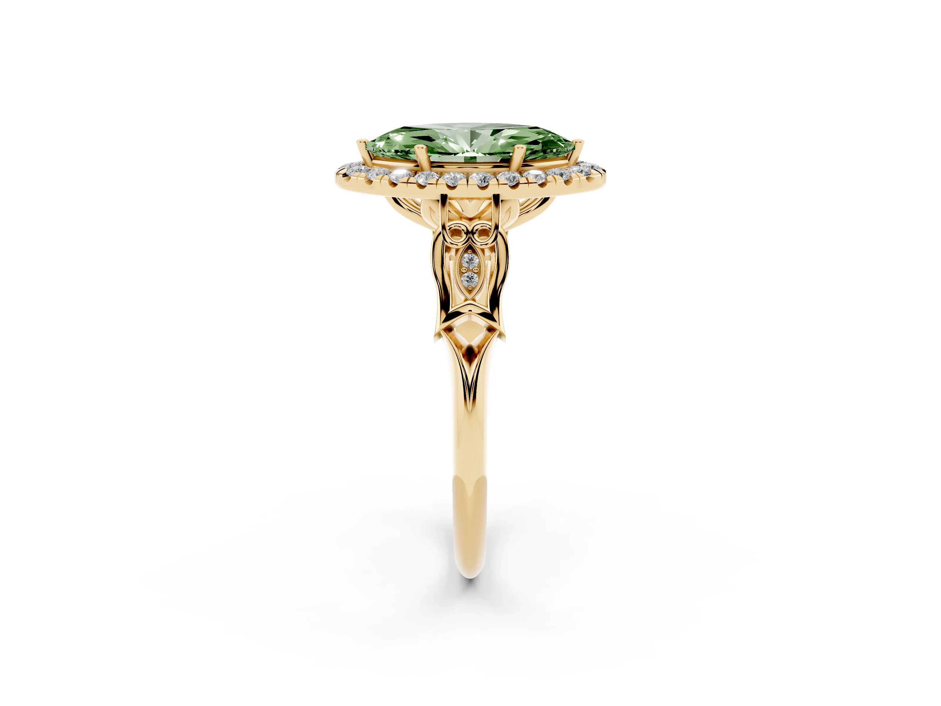 Fancy Green Marquise Cut Diamond Halo Engagement Ring Set in Yellow gold with Filigree Band and Prong-Set Center