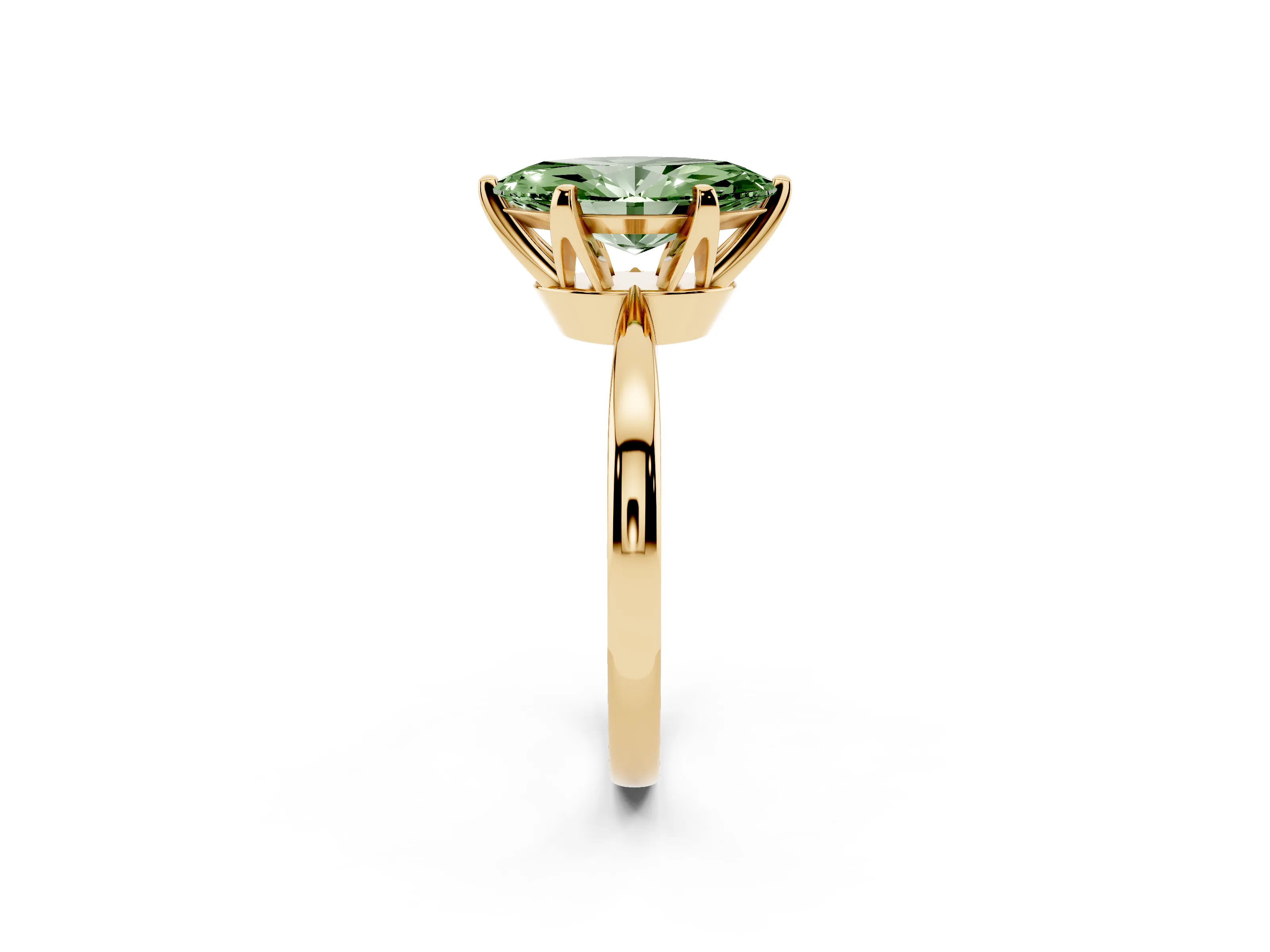 Fancy Green Marquise Cut Diamond Solitaire Engagement Ring Set in Yellow gold with Slim Tapered Solitaire Band