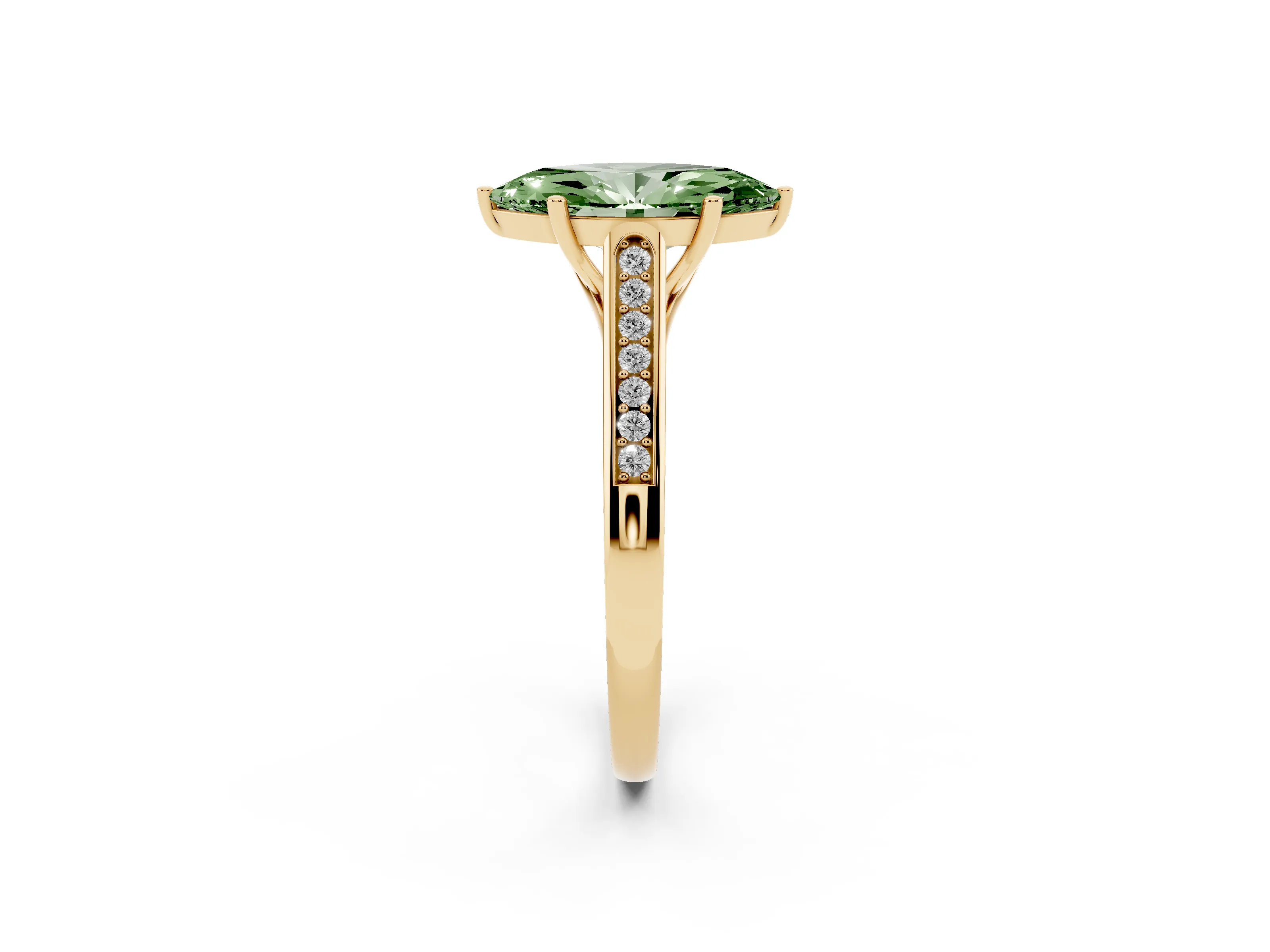 Fancy Green Marquise Cut Diamond Solitaire Cathedral Engagement Ring Set in Yellow gold with Channel-Set Band and Prong Setting