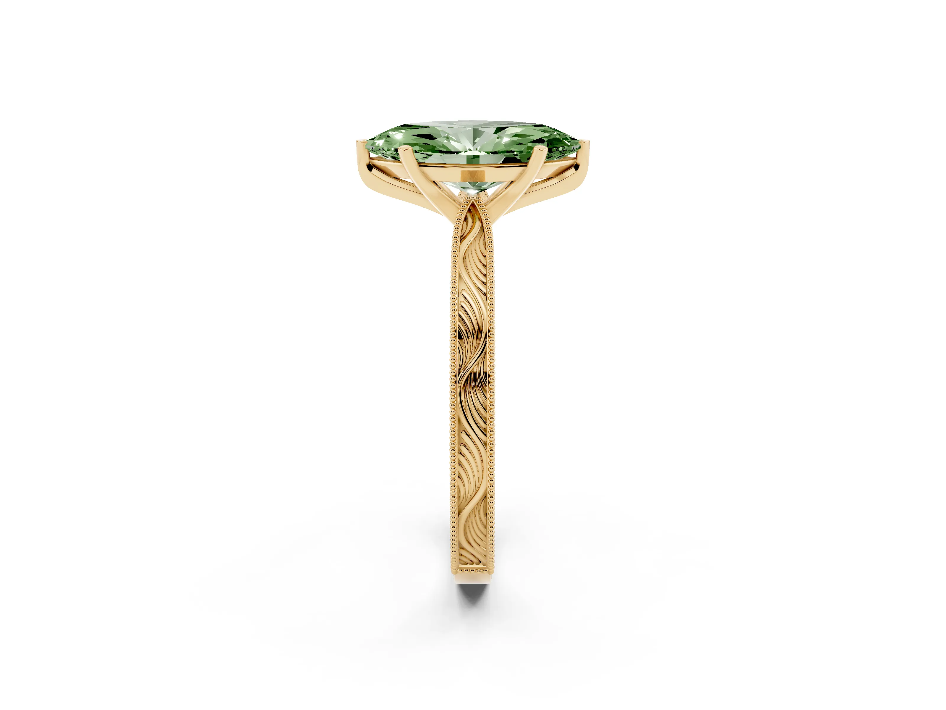 Fancy Green Marquise Cut Diamond Solitaire Milgrain Engraved Band Set in Yellow gold with Prong Setting