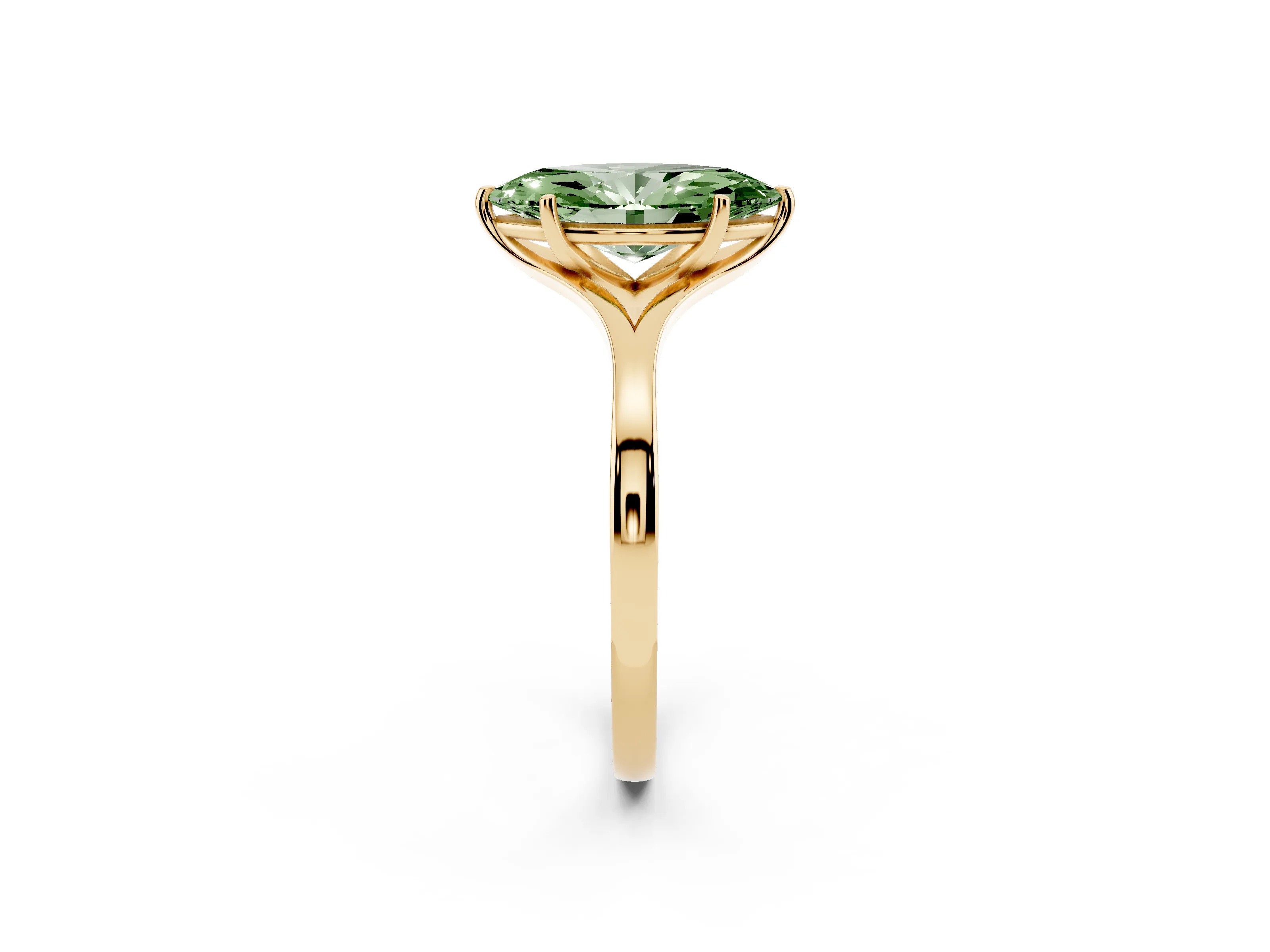 Fancy Green Marquise Cut Diamond Solitaire Ring Set in Yellow gold with Polished Tapered Band and Prong Setting