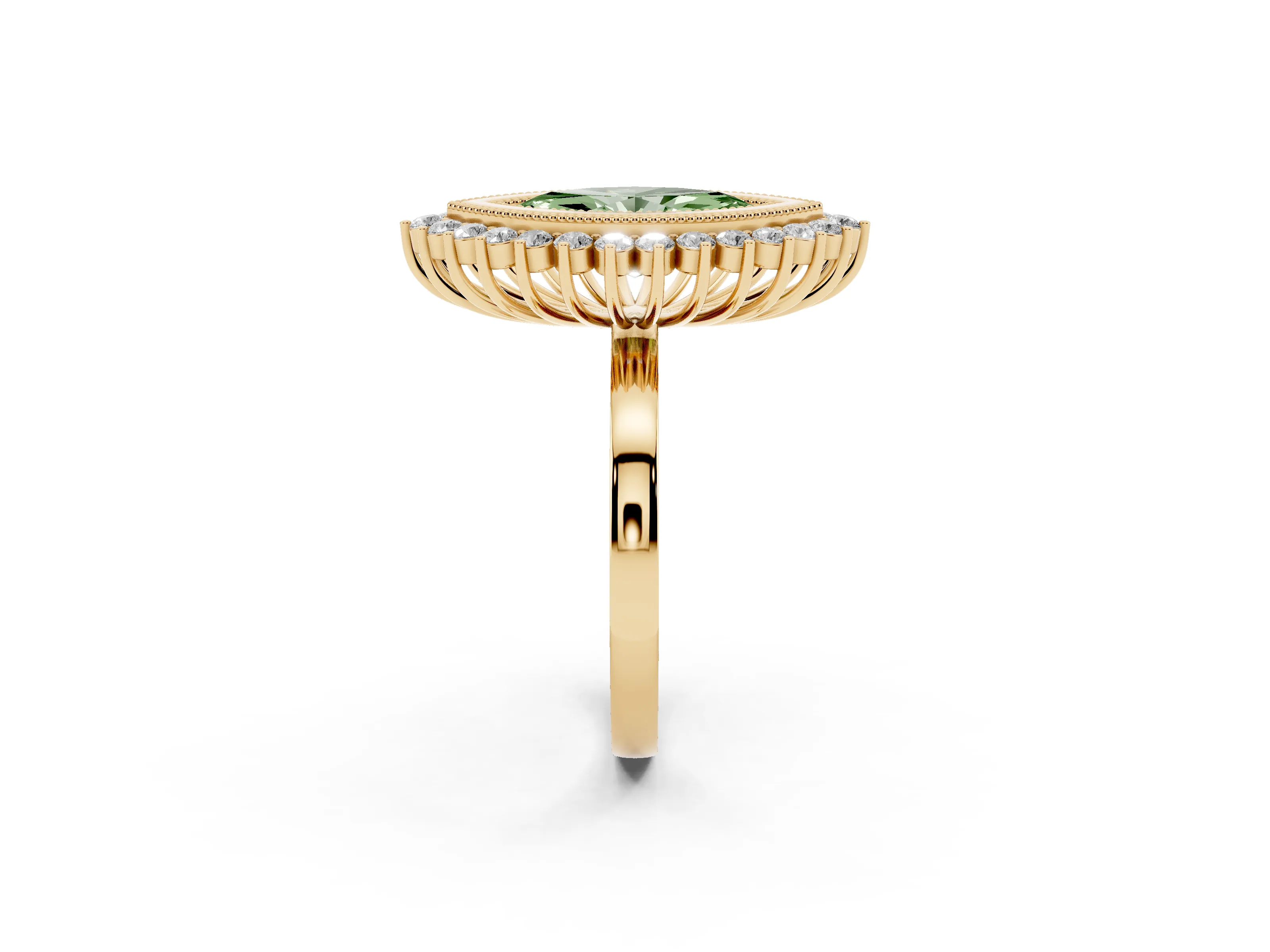 Fancy Green Marquise Cut Diamond Halo Ring Set in Yellow gold with Milgrain Edge and Round Prong Setting