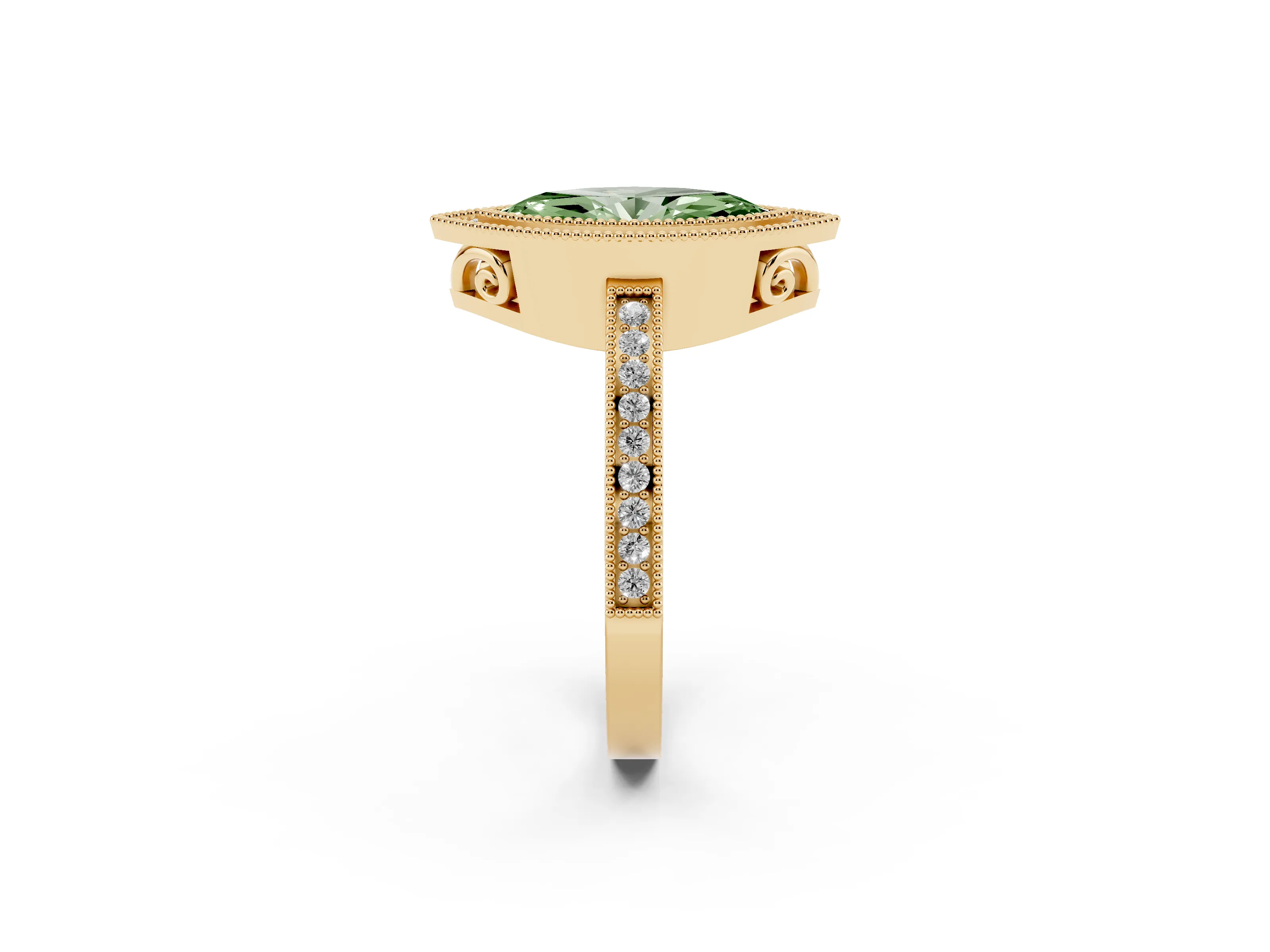 Fancy Green Marquise Cut Diamond Halo Ring Set in Yellow gold with Pavé Band and Milgrain-Edged Prongs