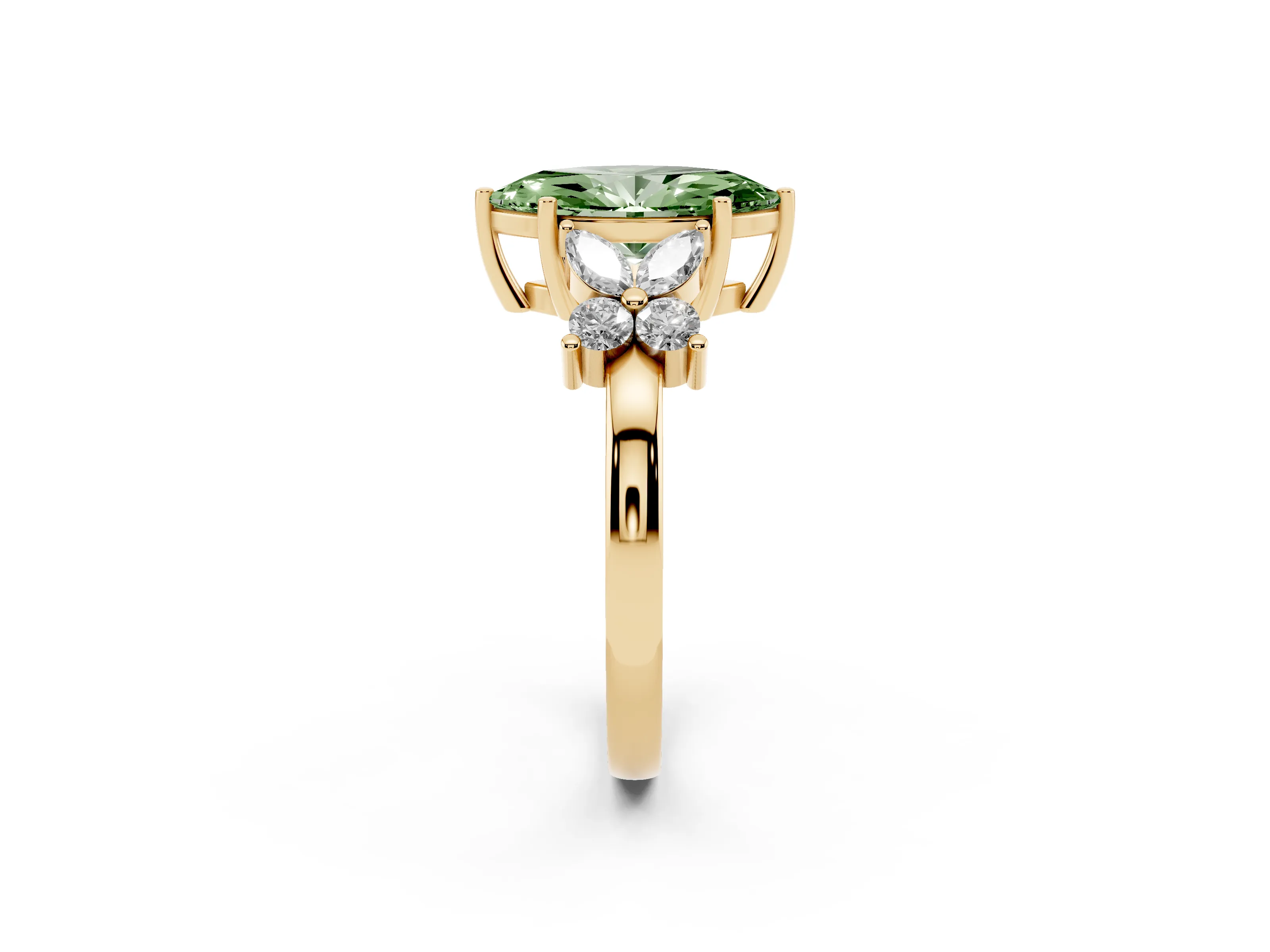Fancy Green Marquise Cut Diamond Floral Cluster Ring Set in Yellow gold with Marquise Petals and Prong Setting