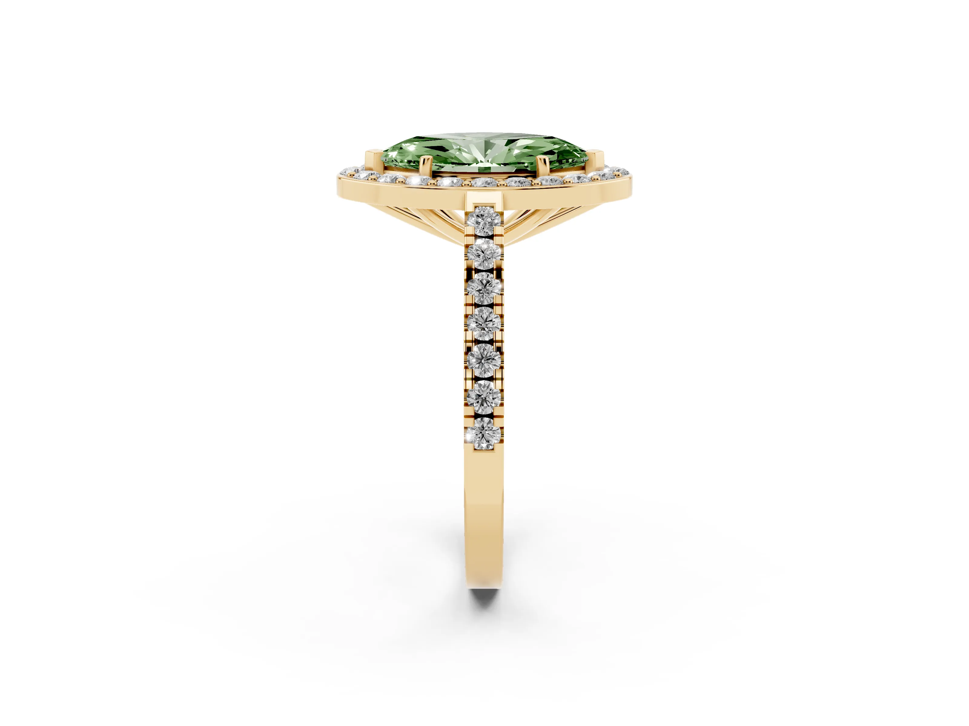 Fancy Green Marquise Cut Diamond Halo Ring Set in Yellow gold with Round Pavé Split Shank and Prong Setting