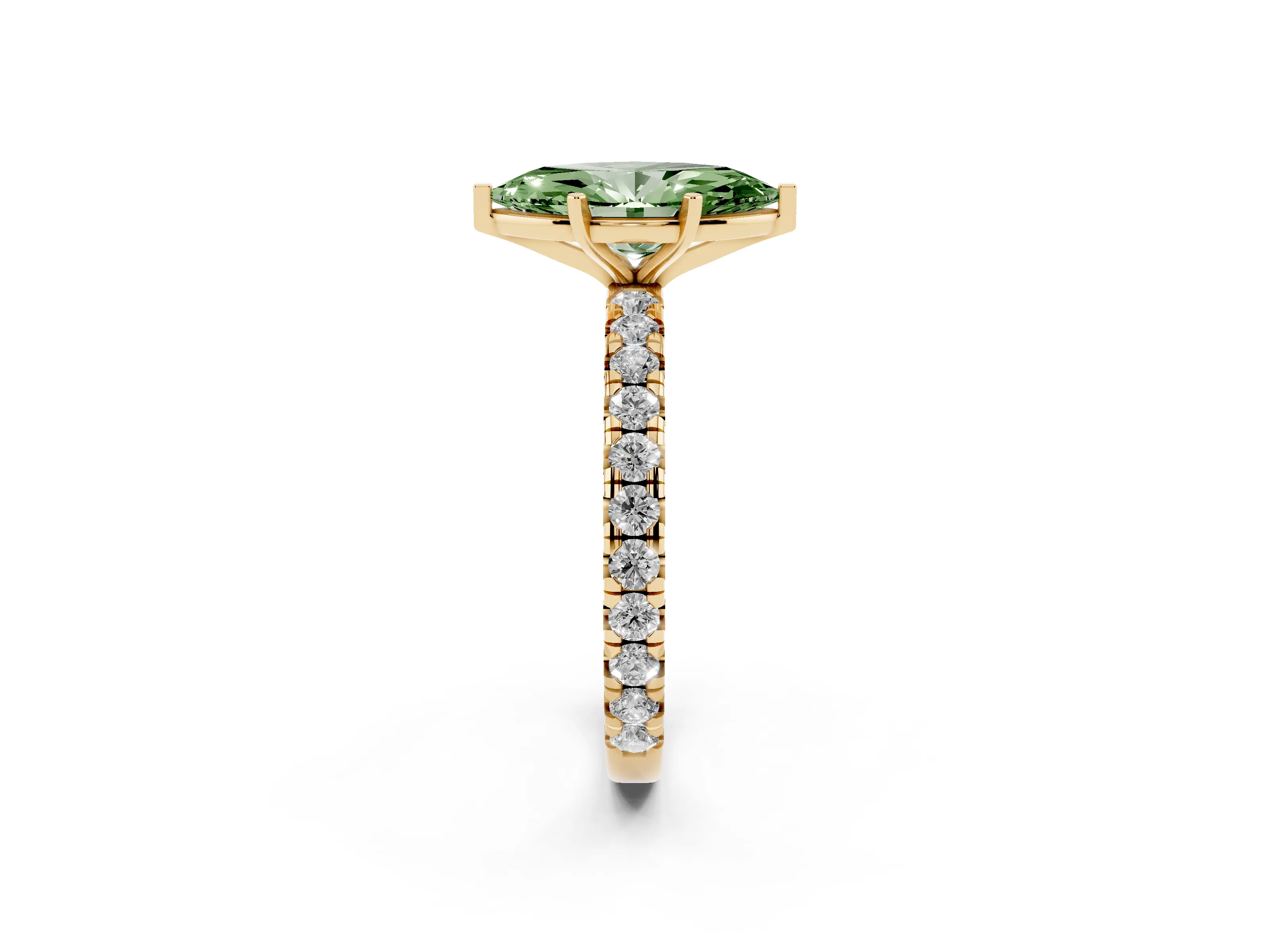 Fancy Green Marquise Cut Diamond Pavé Solitaire Ring Set in Yellow gold with Round Band and Prong Setting