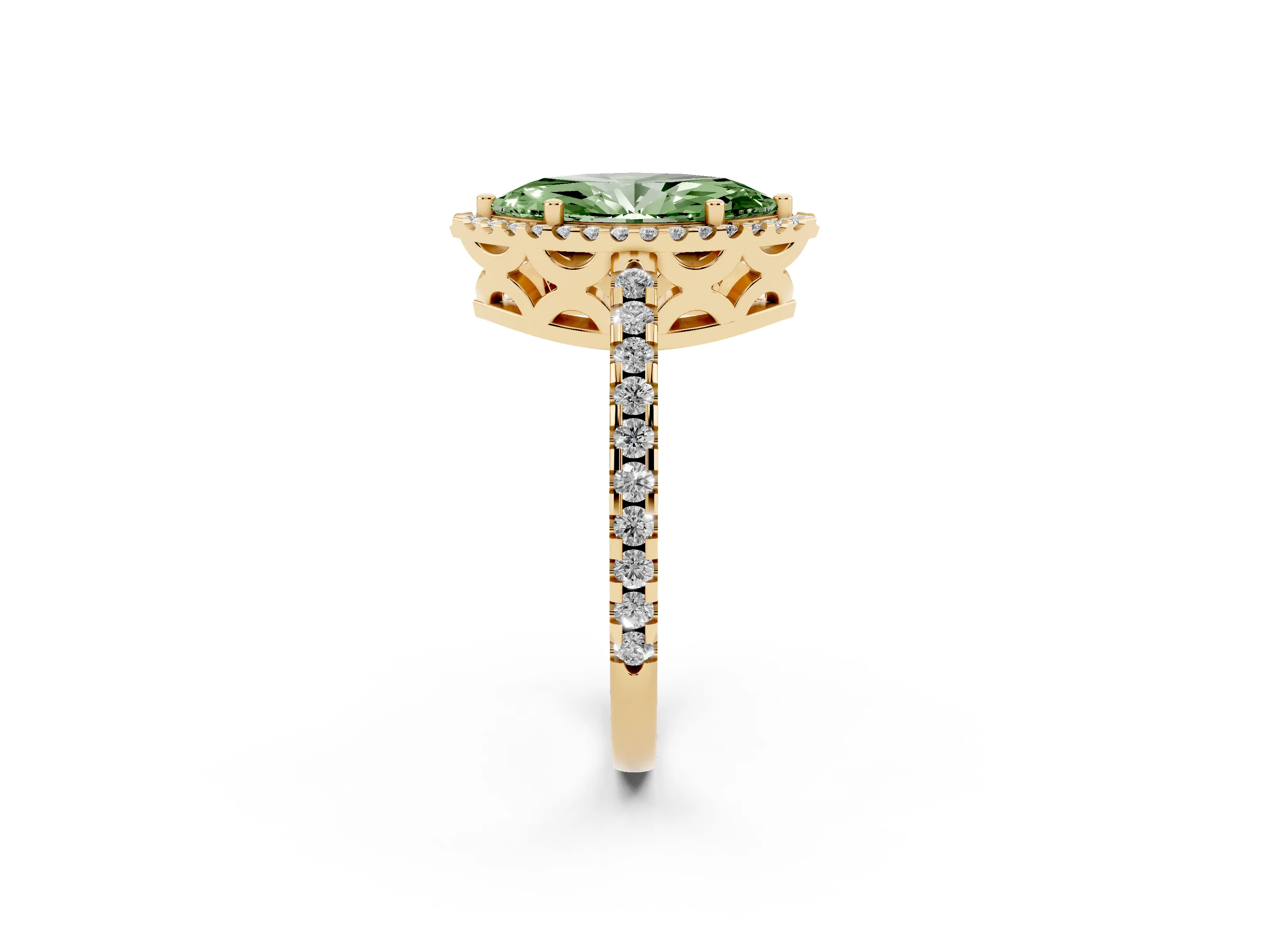 Fancy Green Marquise Cut Diamond Halo Ring Set in Yellow gold with Pavé Shoulders and Halo-Framed Center