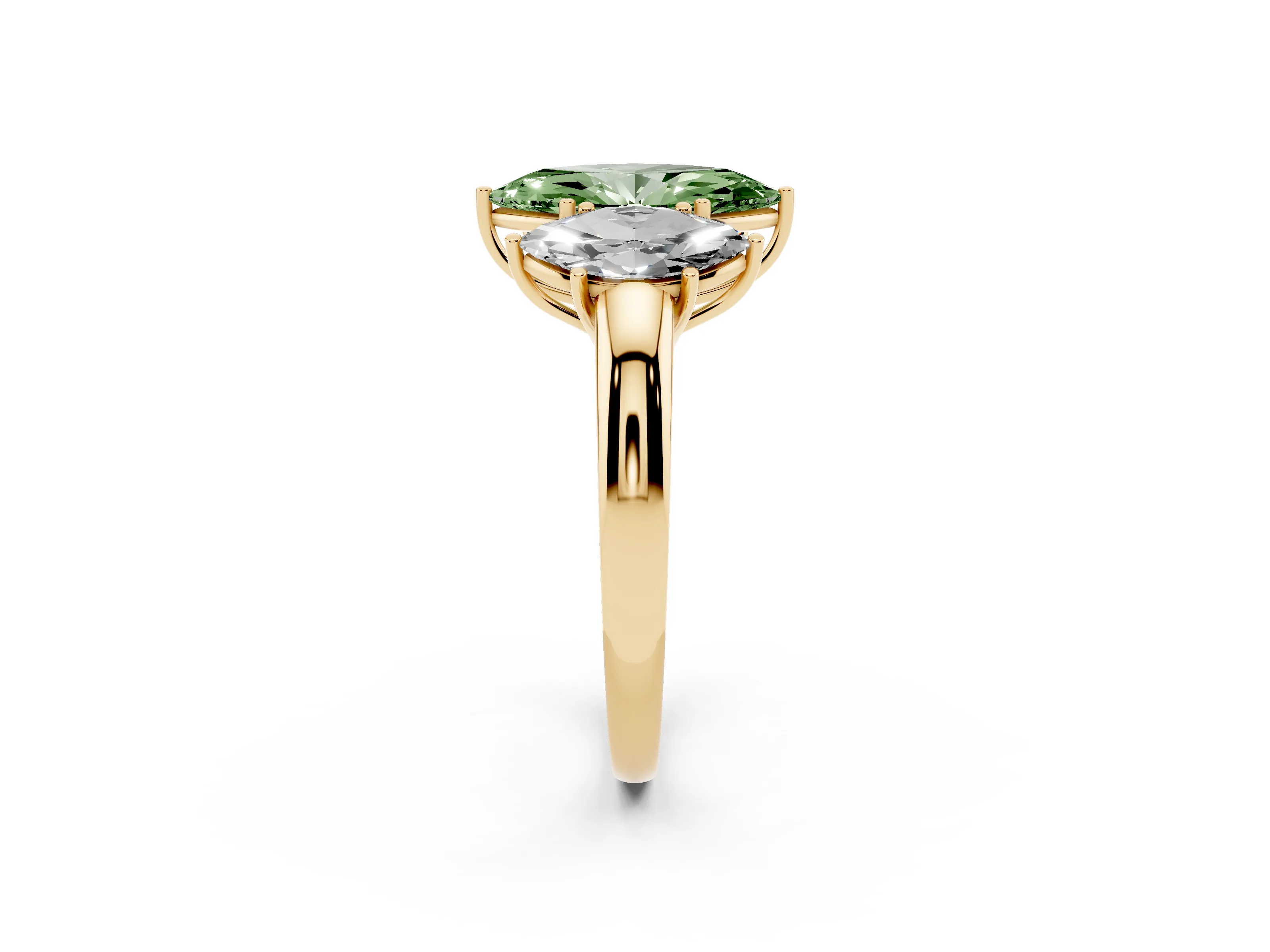 Fancy Green Marquise Cut Diamond Three-Stone Ring Set in Yellow gold with Bold Center and Classic Band