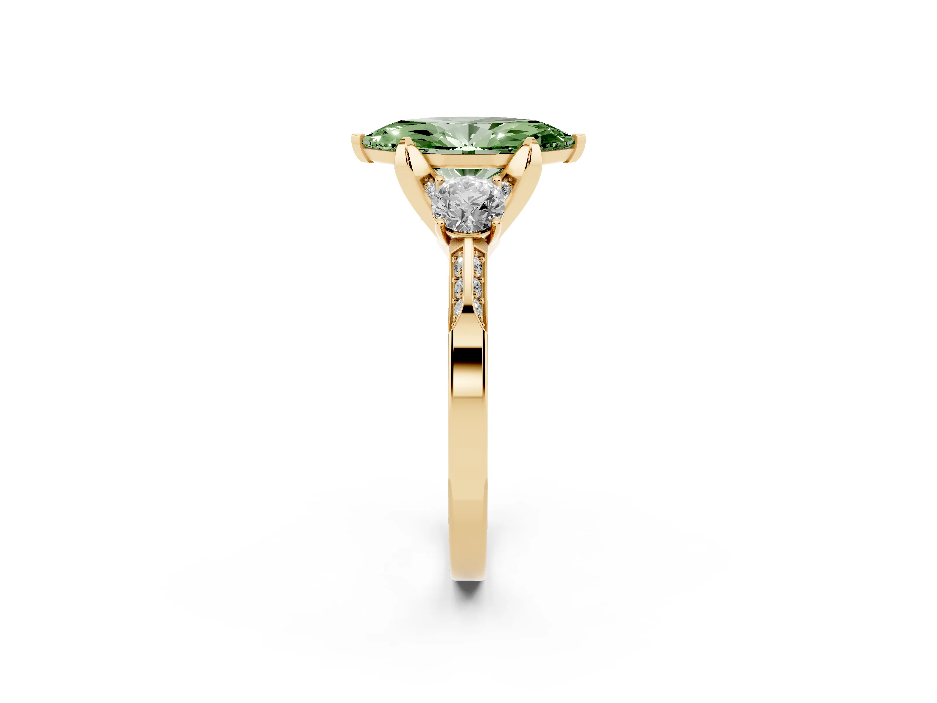 Fancy Green Marquise Cut Diamond Three-Stone Ring Set in Yellow gold with Pavé Band and Smaller Side Stones