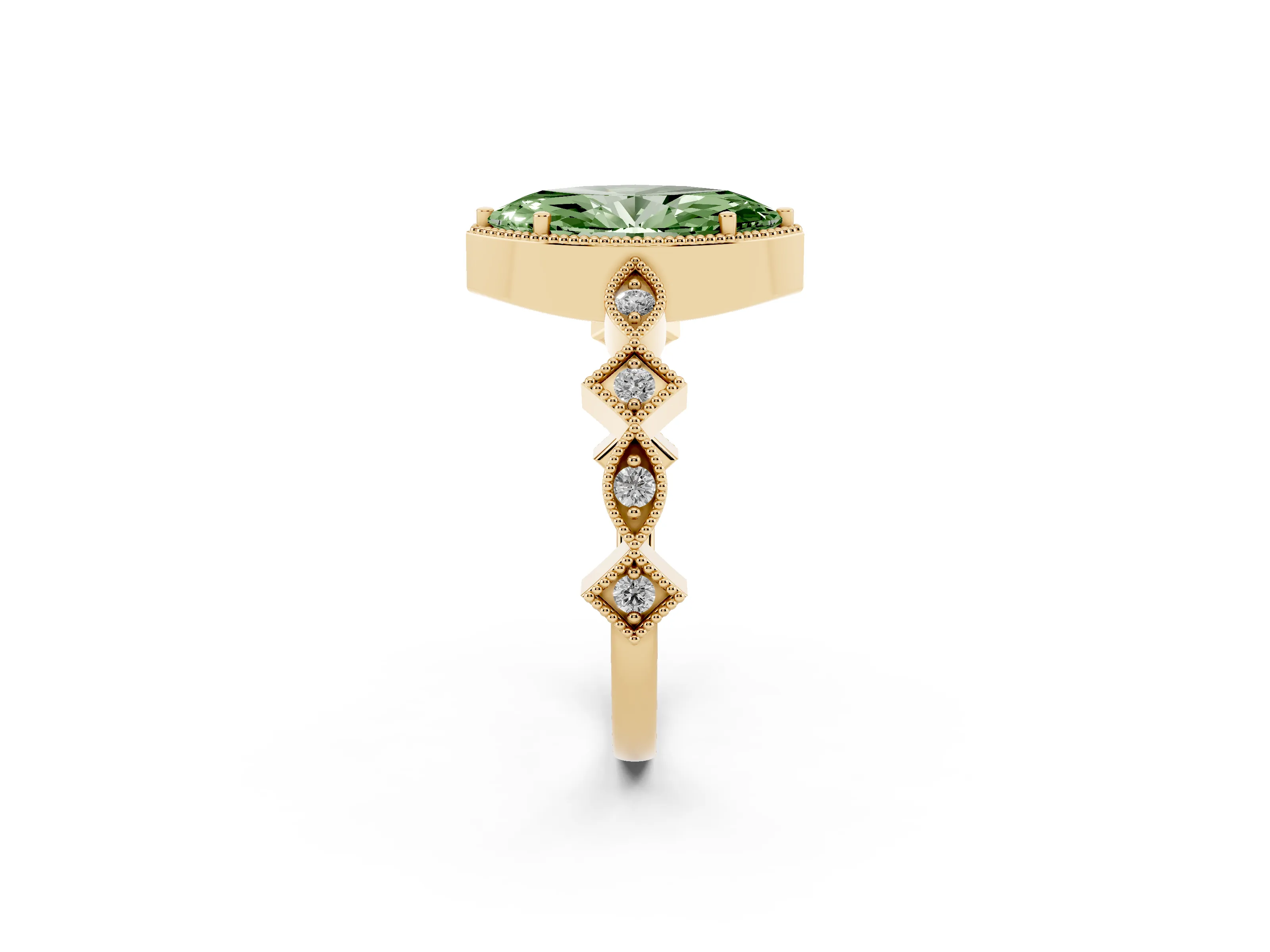 Fancy Green Marquise Cut Diamond Milgrain Marquise Twist Band Ring Set in Yellow gold with Prong Setting