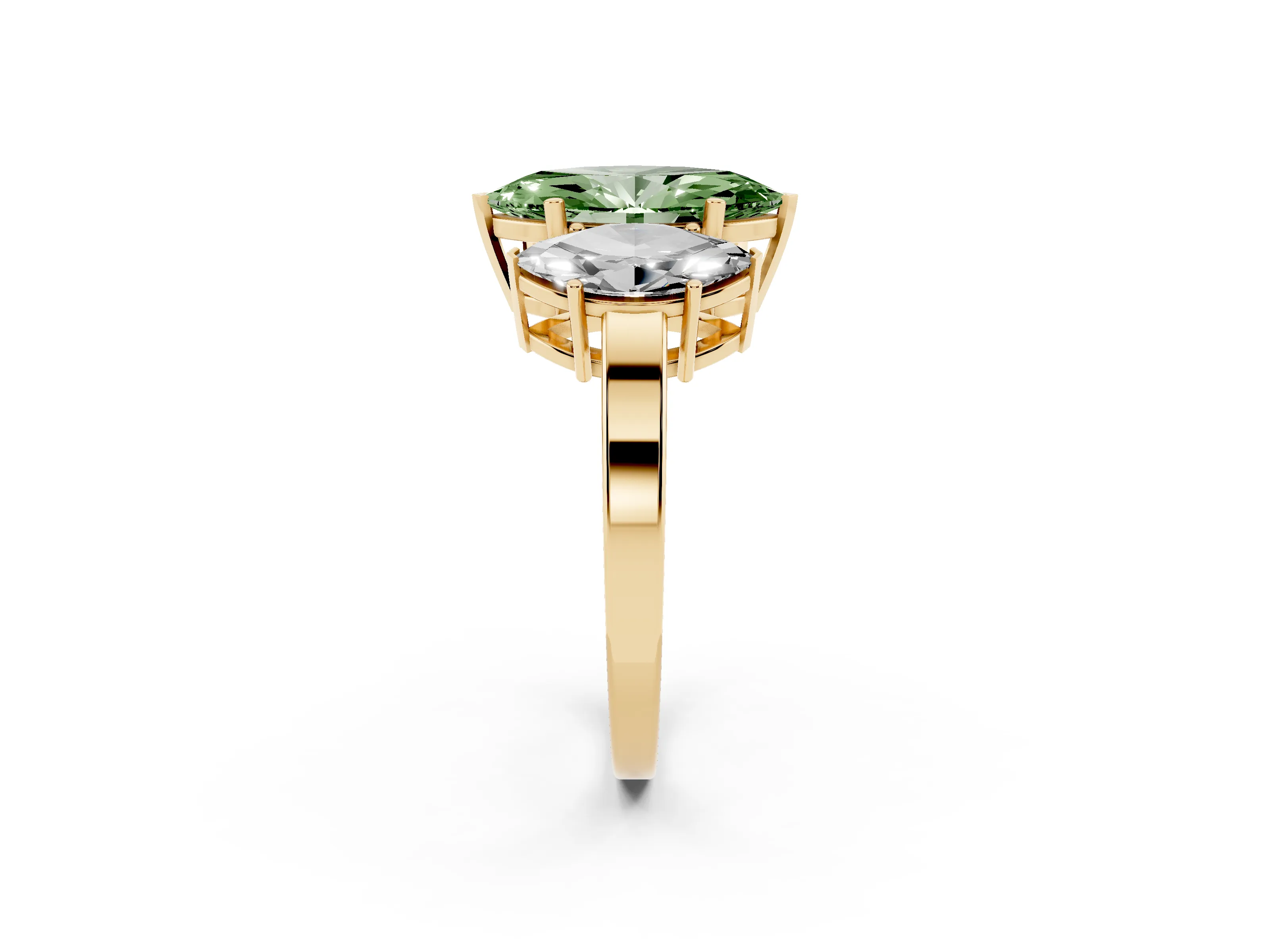 Fancy Green Marquise Cut Diamond Three-Stone Engagement Ring Set in Yellow gold with Flat Band