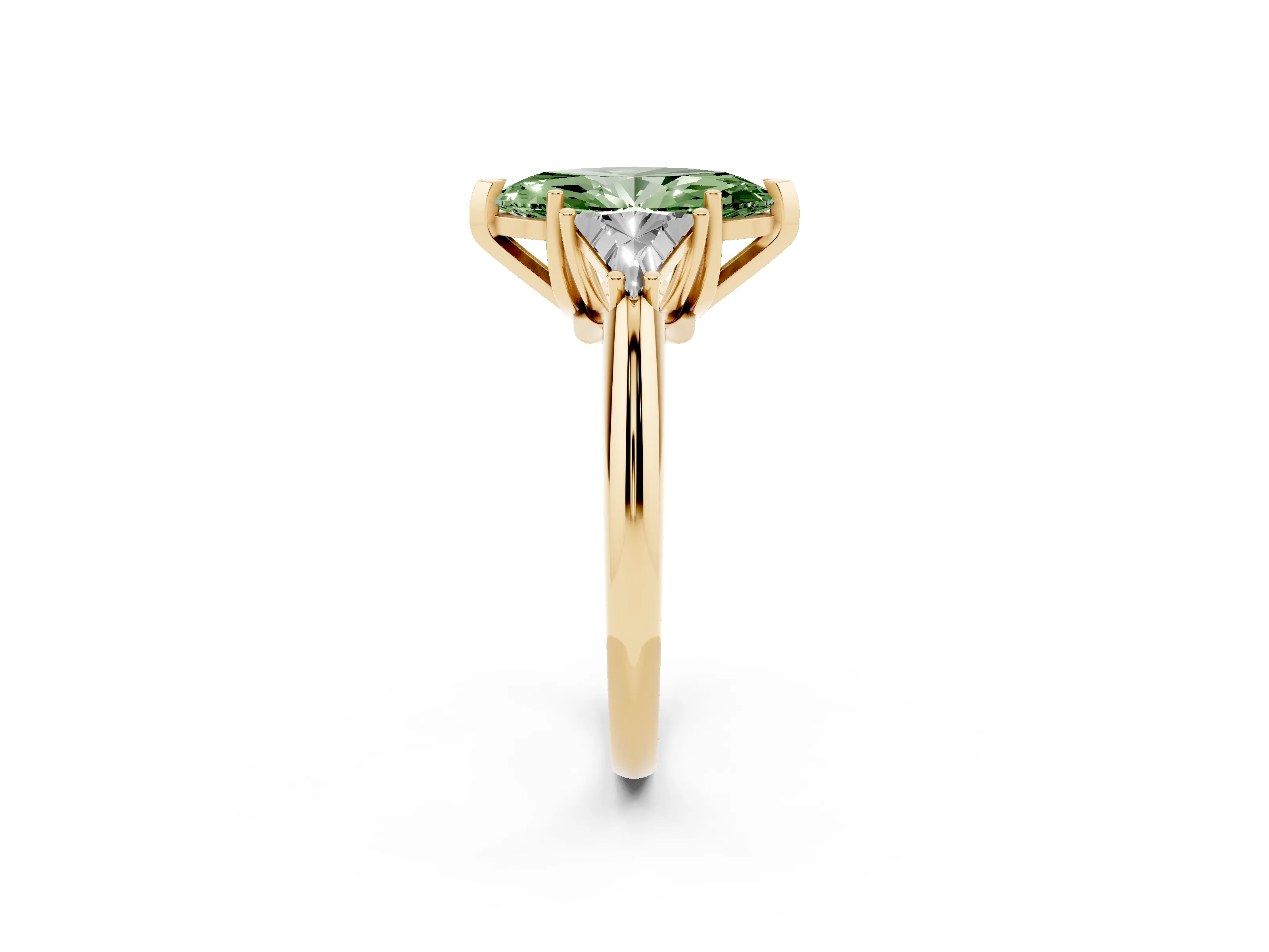 Fancy Green Marquise Cut Diamond Three-Stone Engagement Ring Set in Yellow gold with Trillion Side Stones