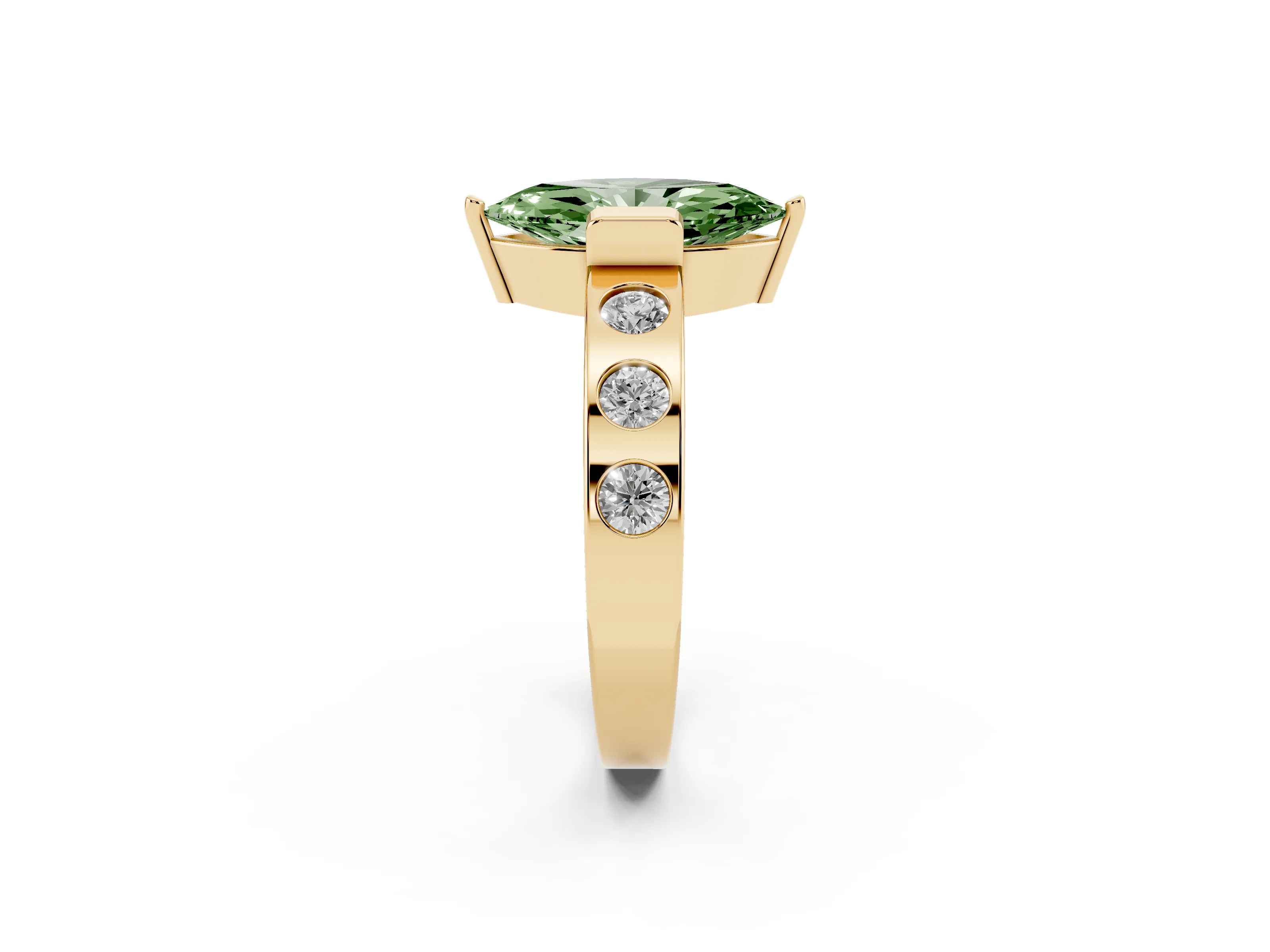 Fancy Green Marquise Cut Diamond Channel-Set Band Ring Set in Yellow gold with Bezel Prong Setting