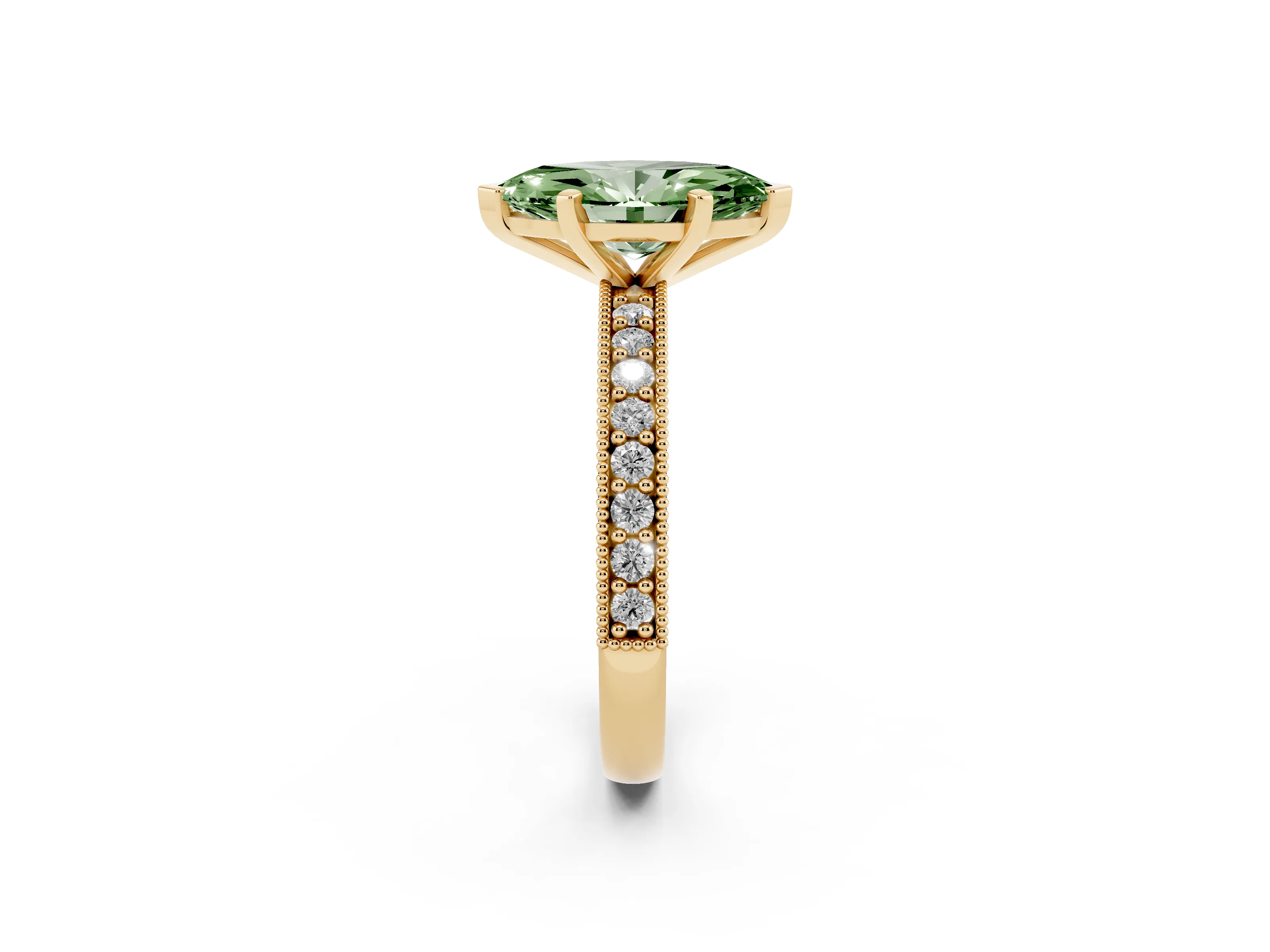 Fancy Green Marquise Cut Diamond Milgrain Pavé Engagement Ring Set in Yellow gold with Prong Setting