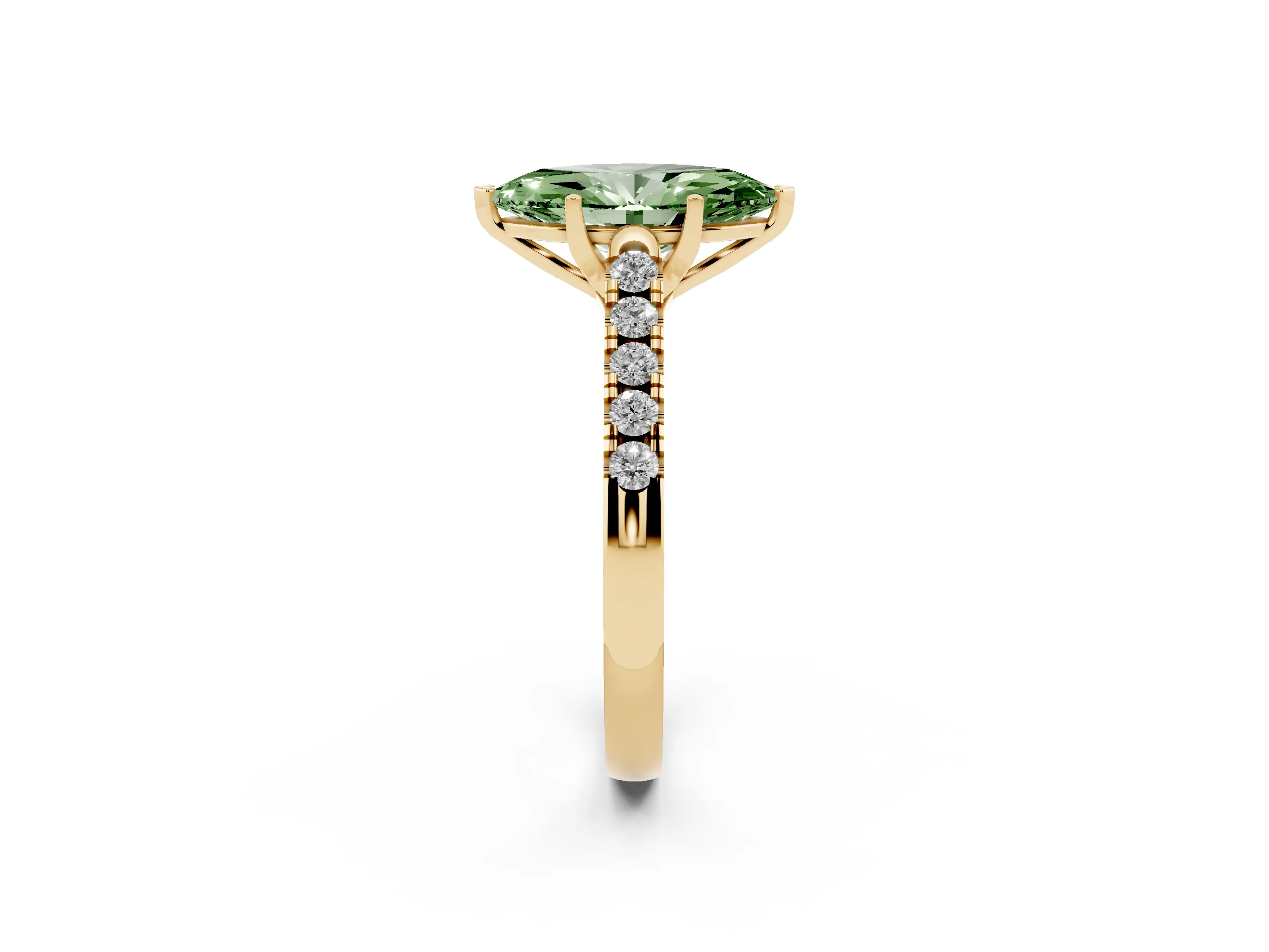 Fancy Green Marquise Cut Diamond Pavé Band Solitaire Ring Set in Yellow gold with Partway Accent Stones and Prong Setting