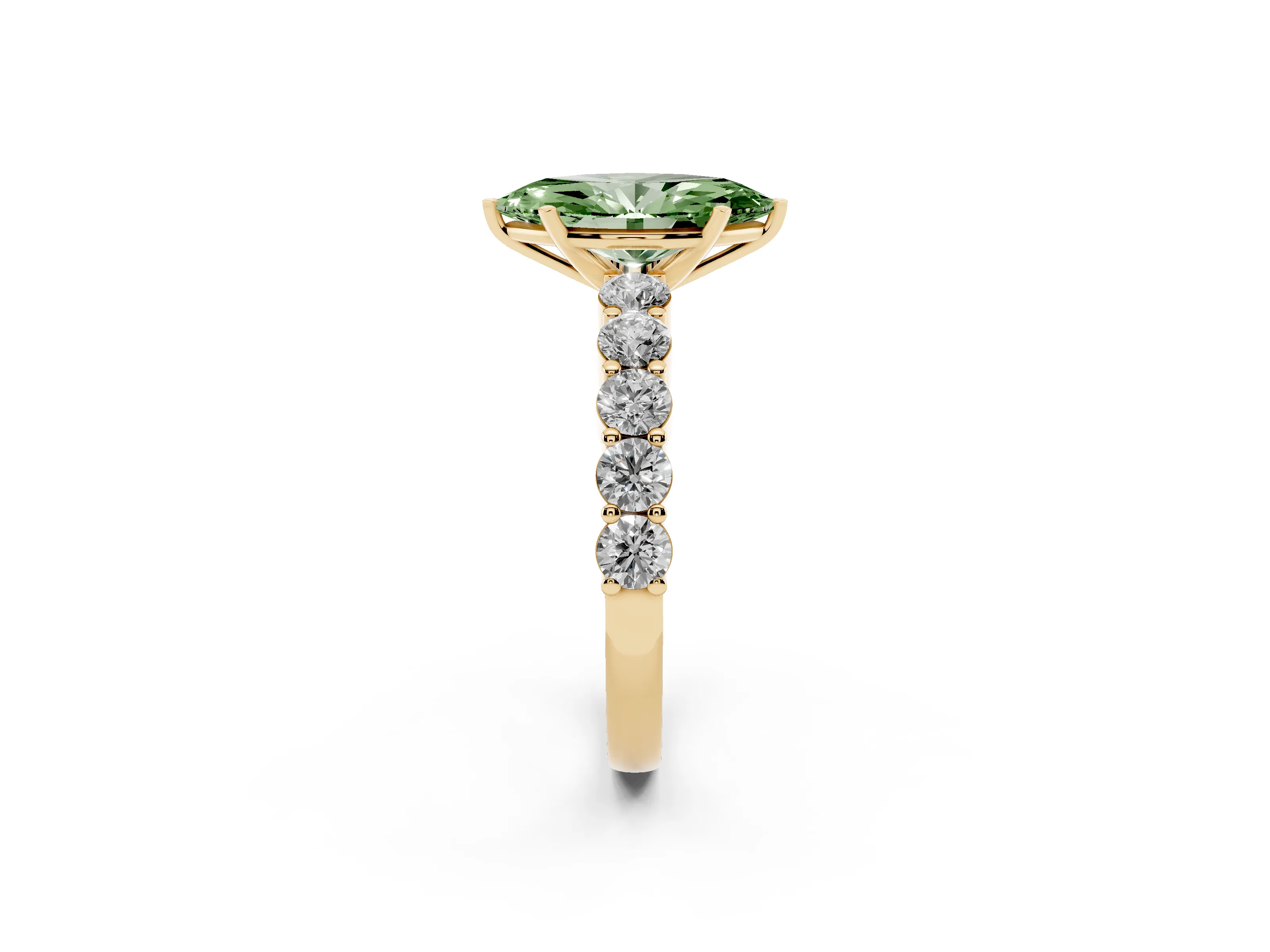 Fancy Green Marquise Cut Diamond Solitaire Ring Set in Yellow gold with Shared Prong Round Side Stones