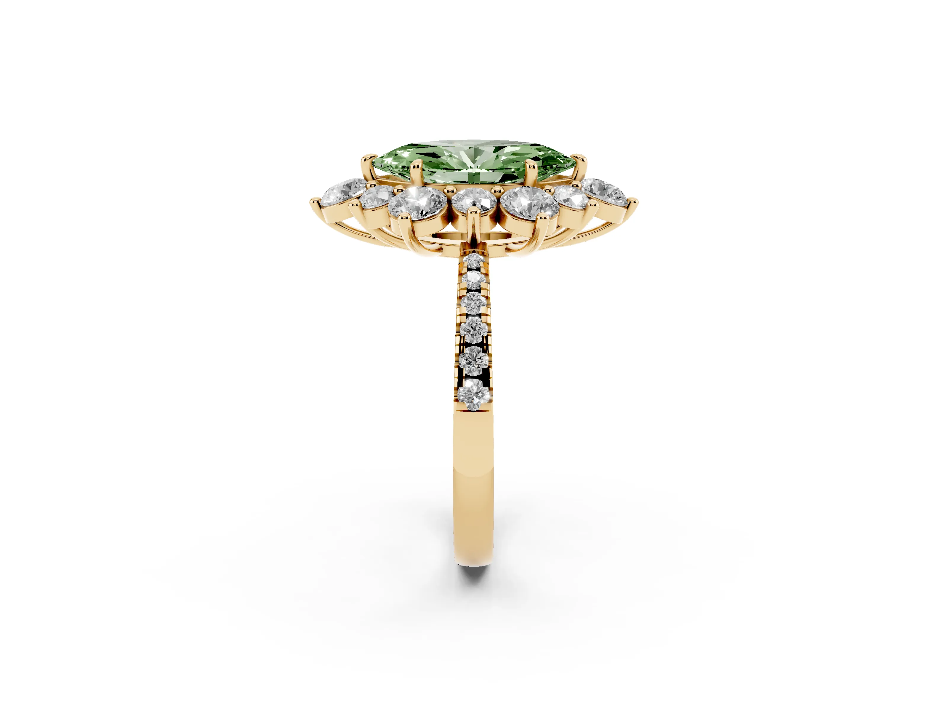 Fancy Green Marquise Cut Diamond Floral Halo Ring Set in Yellow gold with Round Pavé Band and Prong Setting