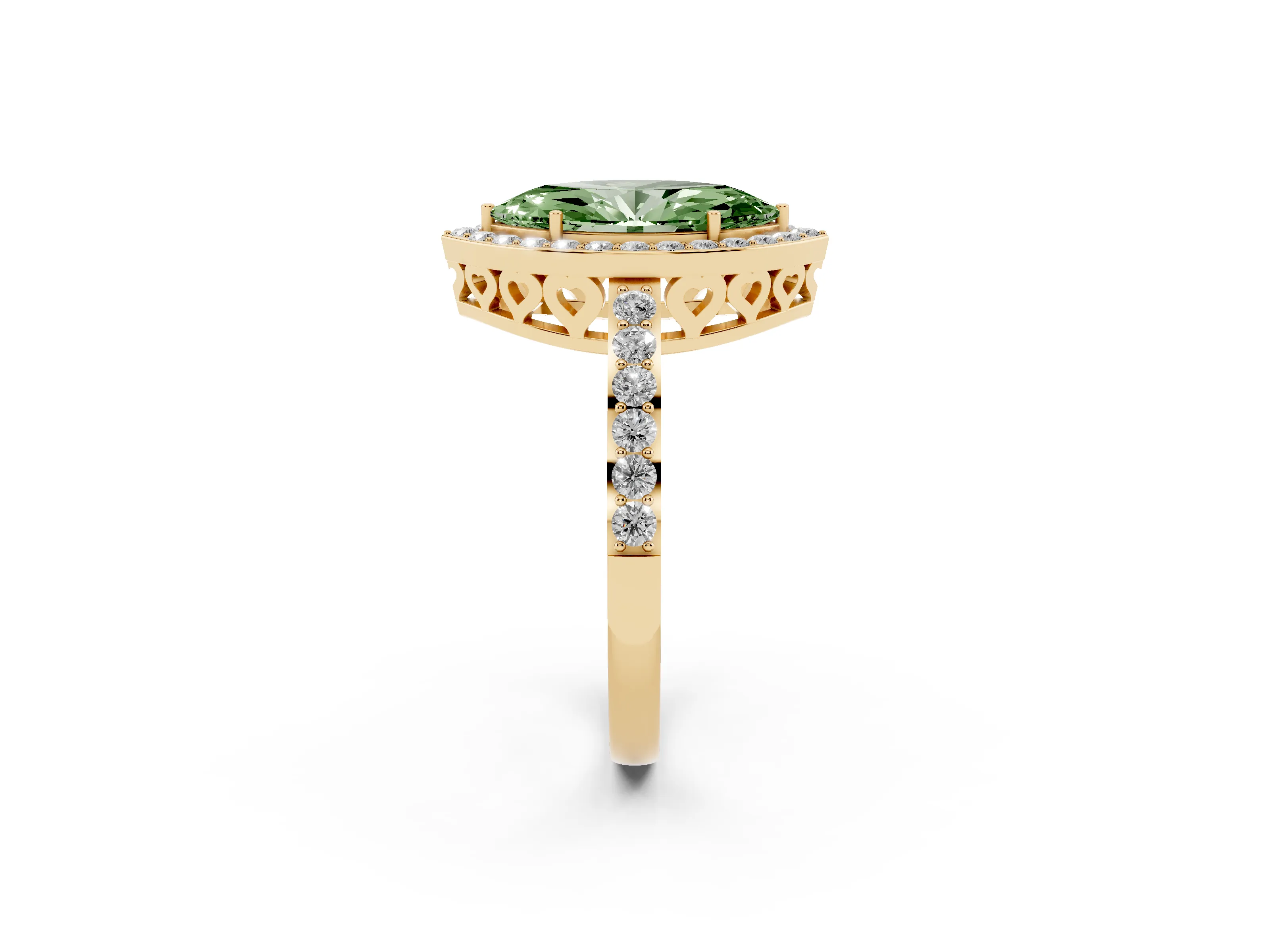 Fancy Green Marquise Cut Diamond Halo Ring Set in Yellow gold with Pavé-Setting Band and Open Prong Center