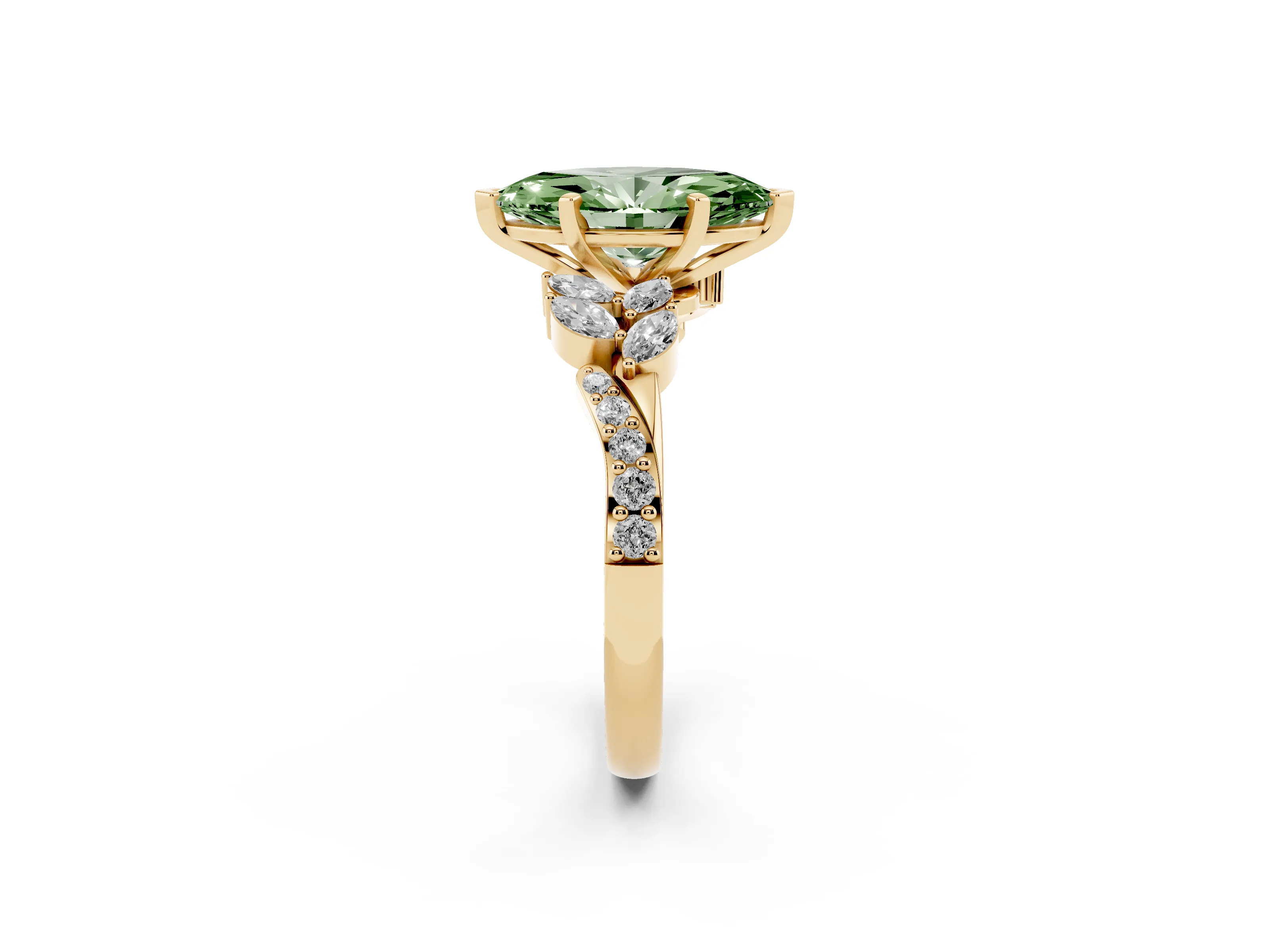 Fancy Green Marquise Cut Diamond Solitaire Ring Set in Yellow gold with Marquise Twist Band and Prong Setting