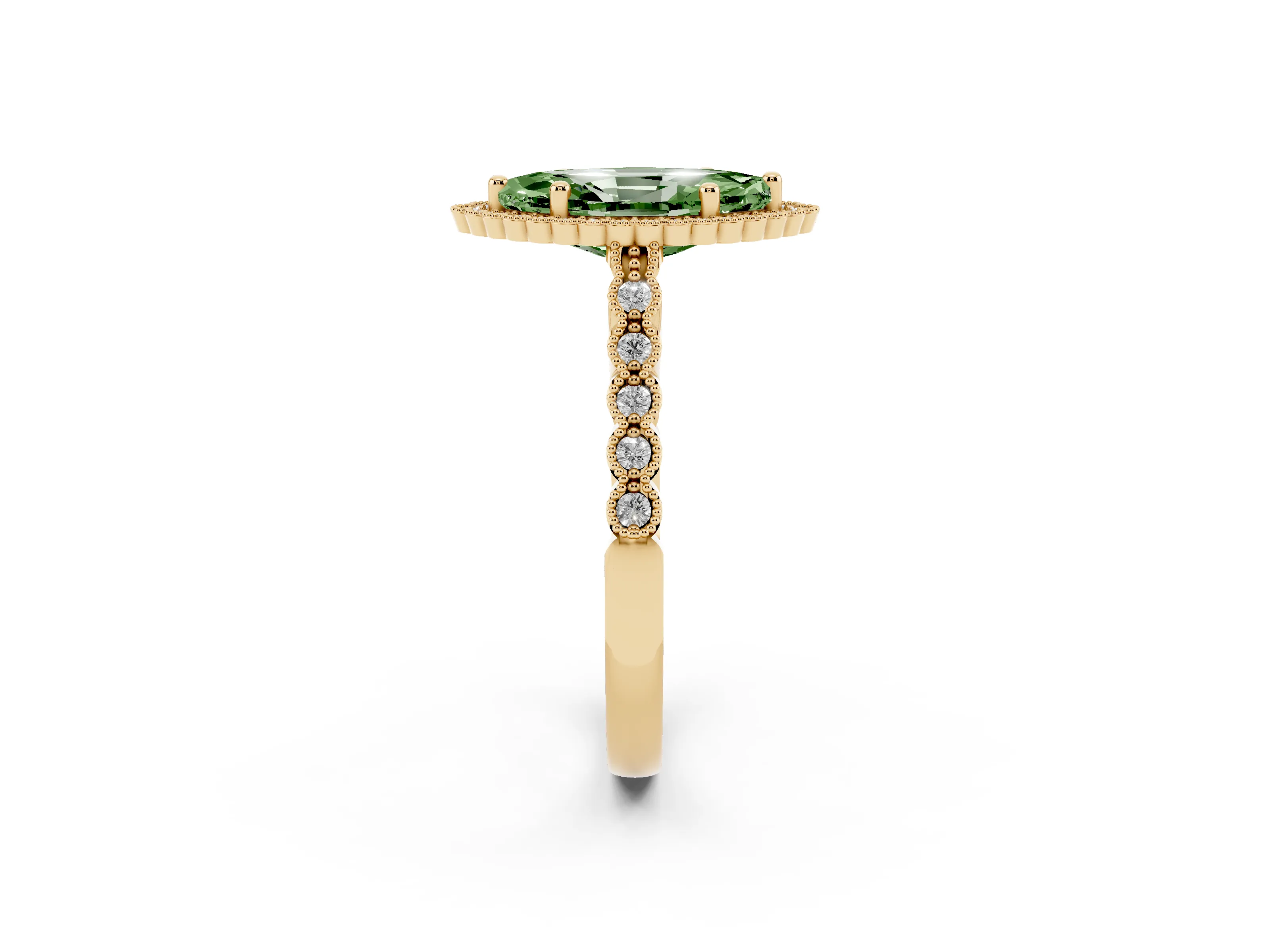 Fancy Green Marquise Cut Diamond Halo Ring Set in Yellow gold with Pavé Milgrain Band